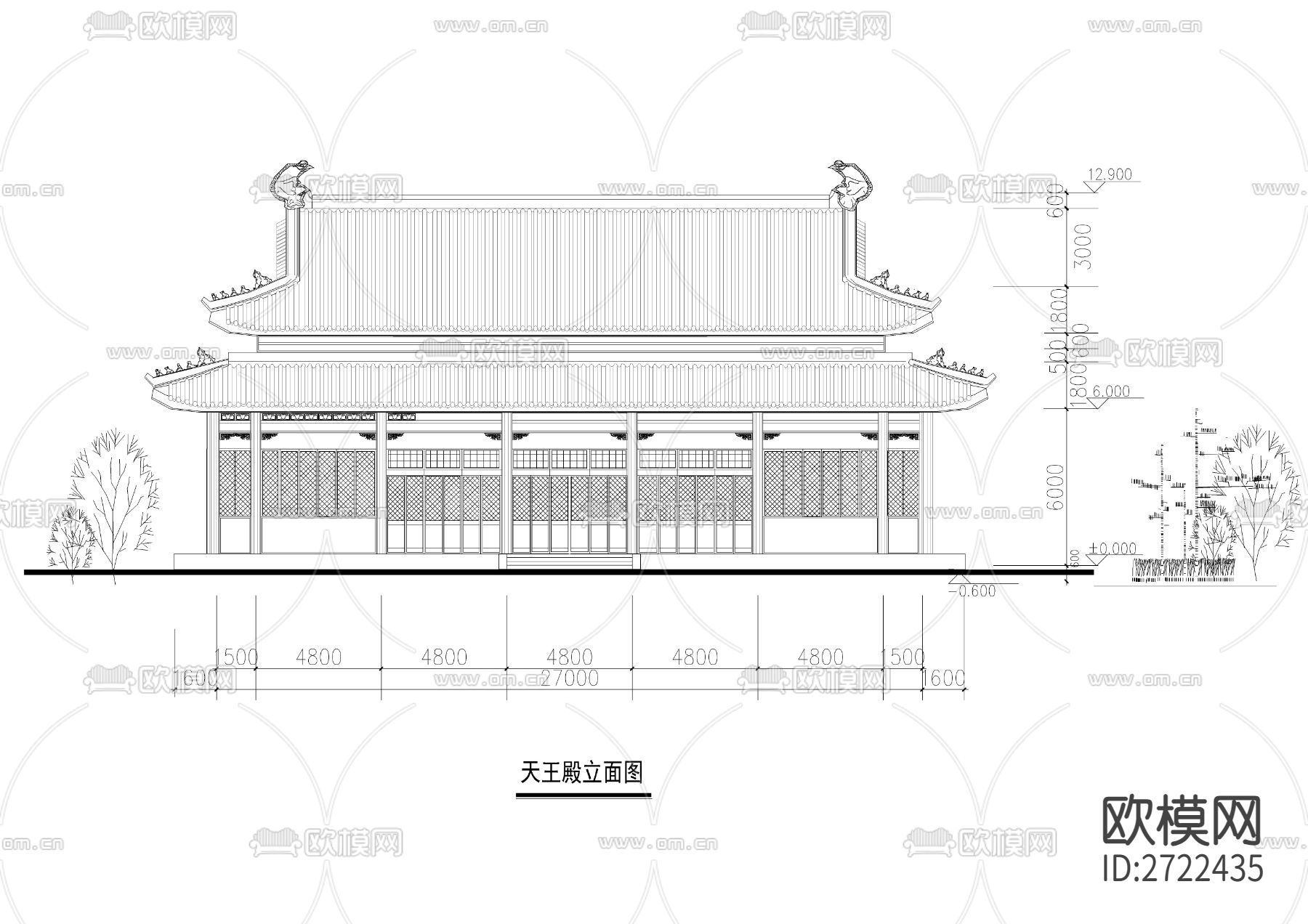 寺庙天王殿建筑cad施工图下载（渲染图2）