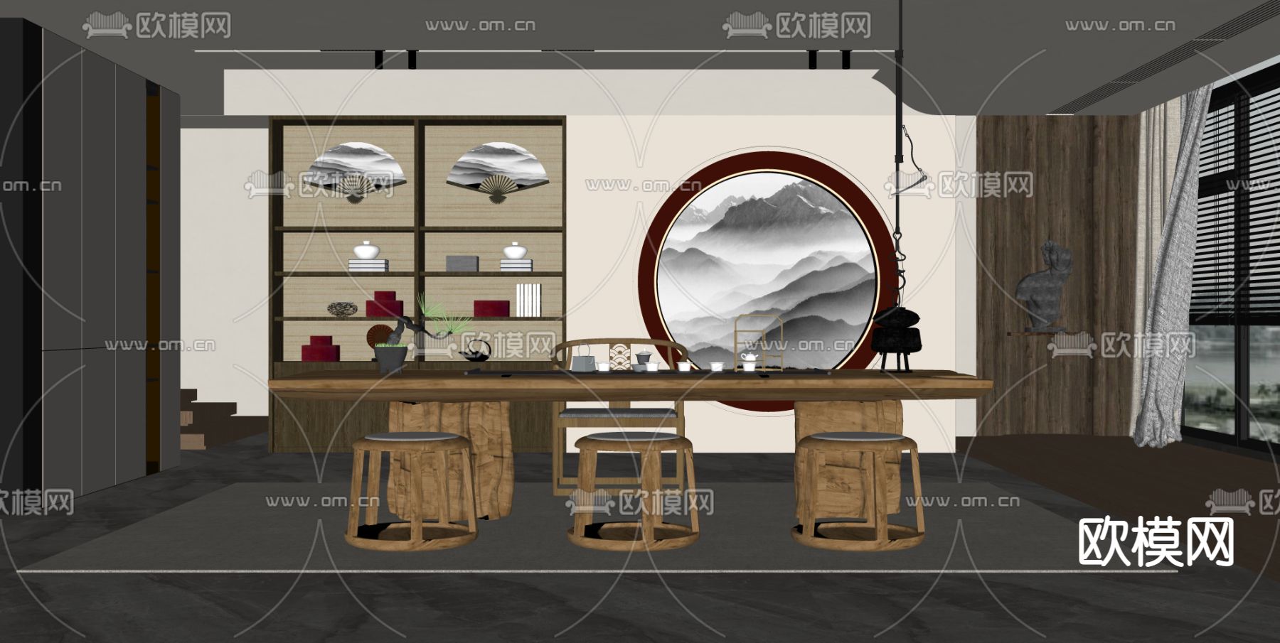 新中式茶室su模型下载（渲染图2）