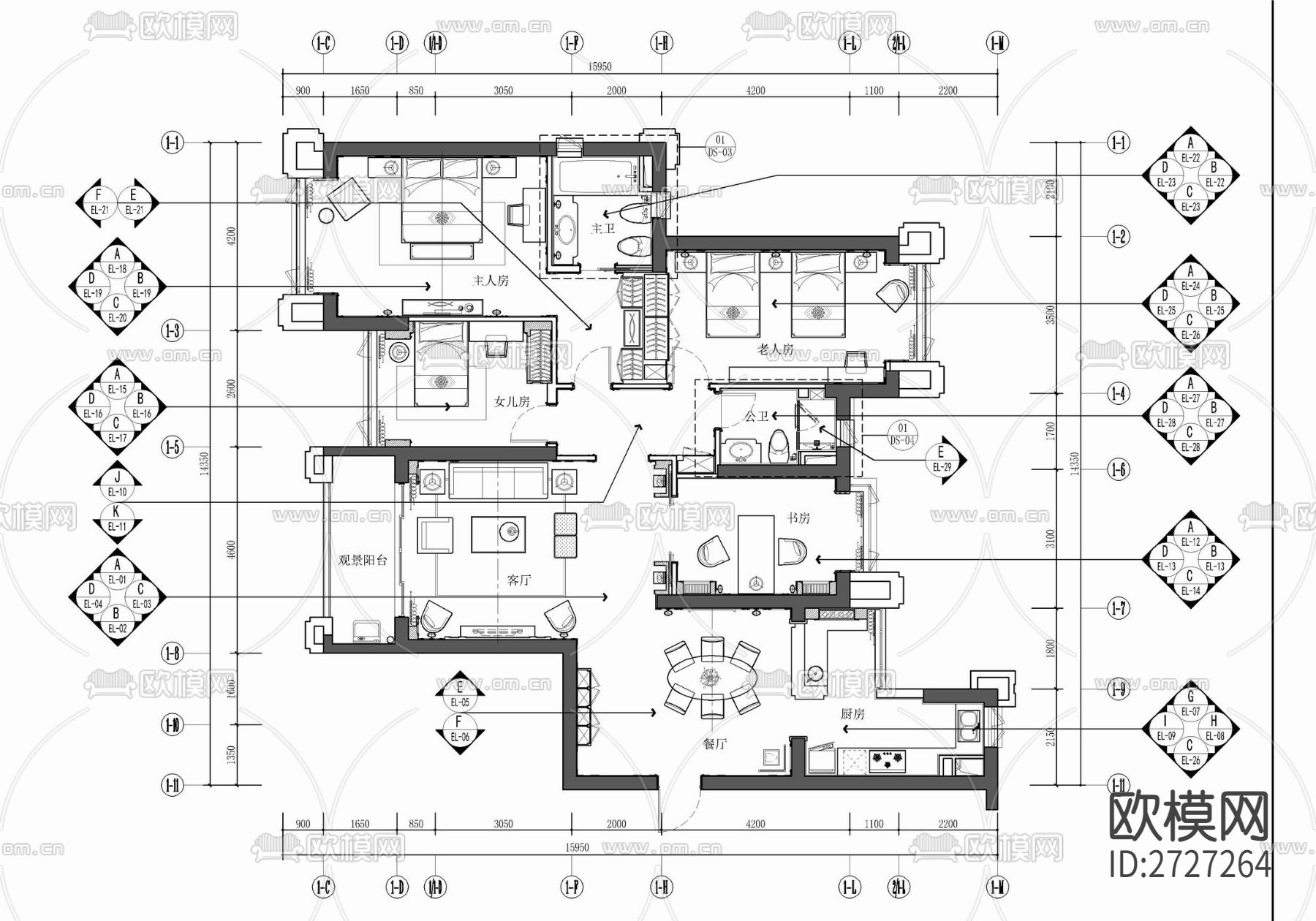 家装平层cad施工图下载（渲染图1）