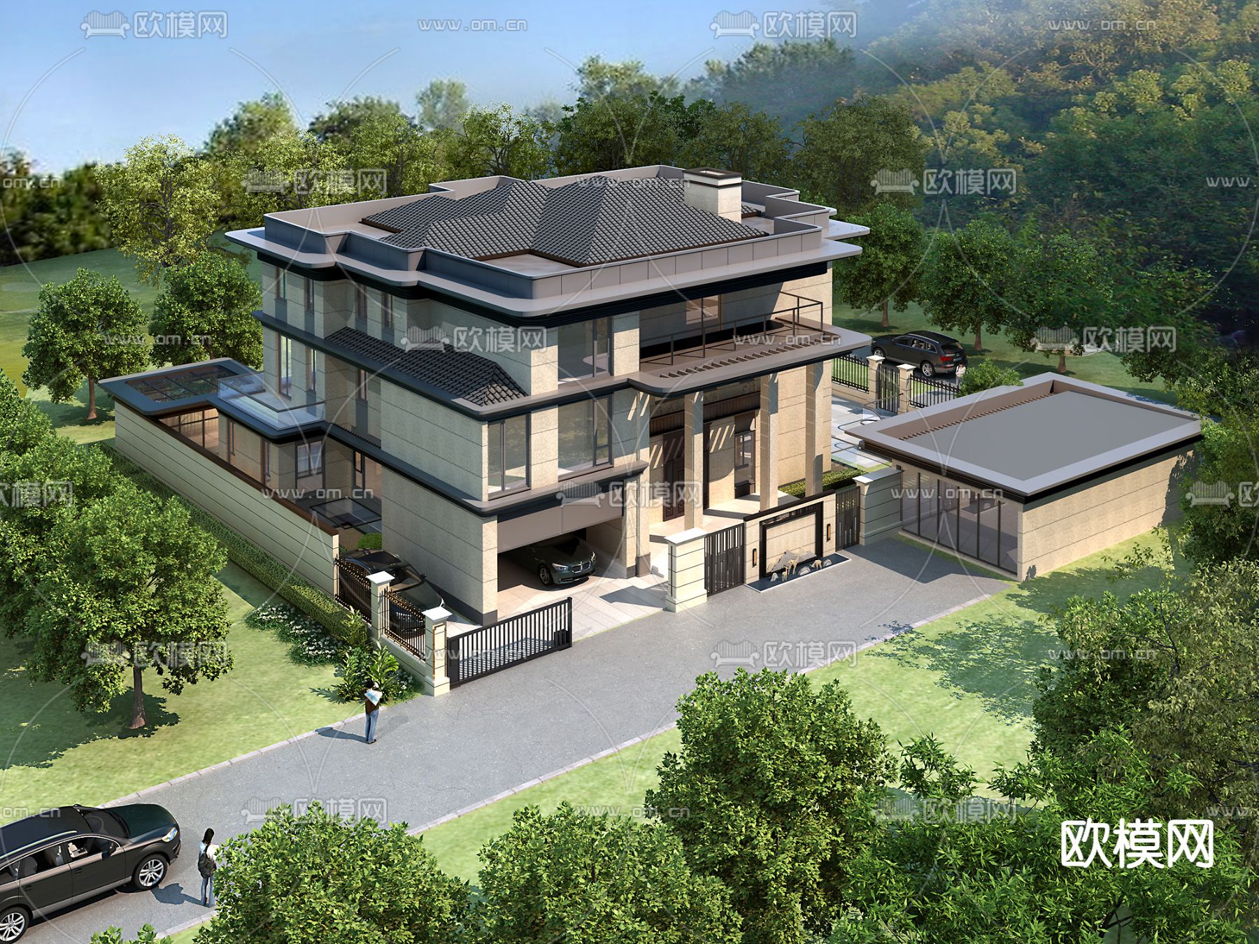 独栋别墅外观3d模型下载（渲染图1）