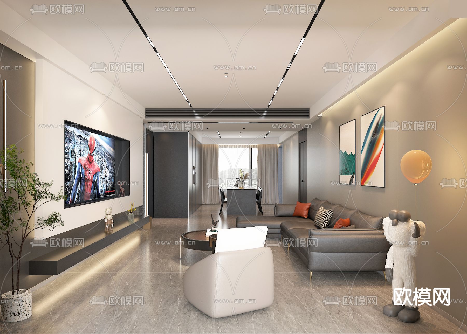 高级灰客厅免费3d模型下载（渲染图1）