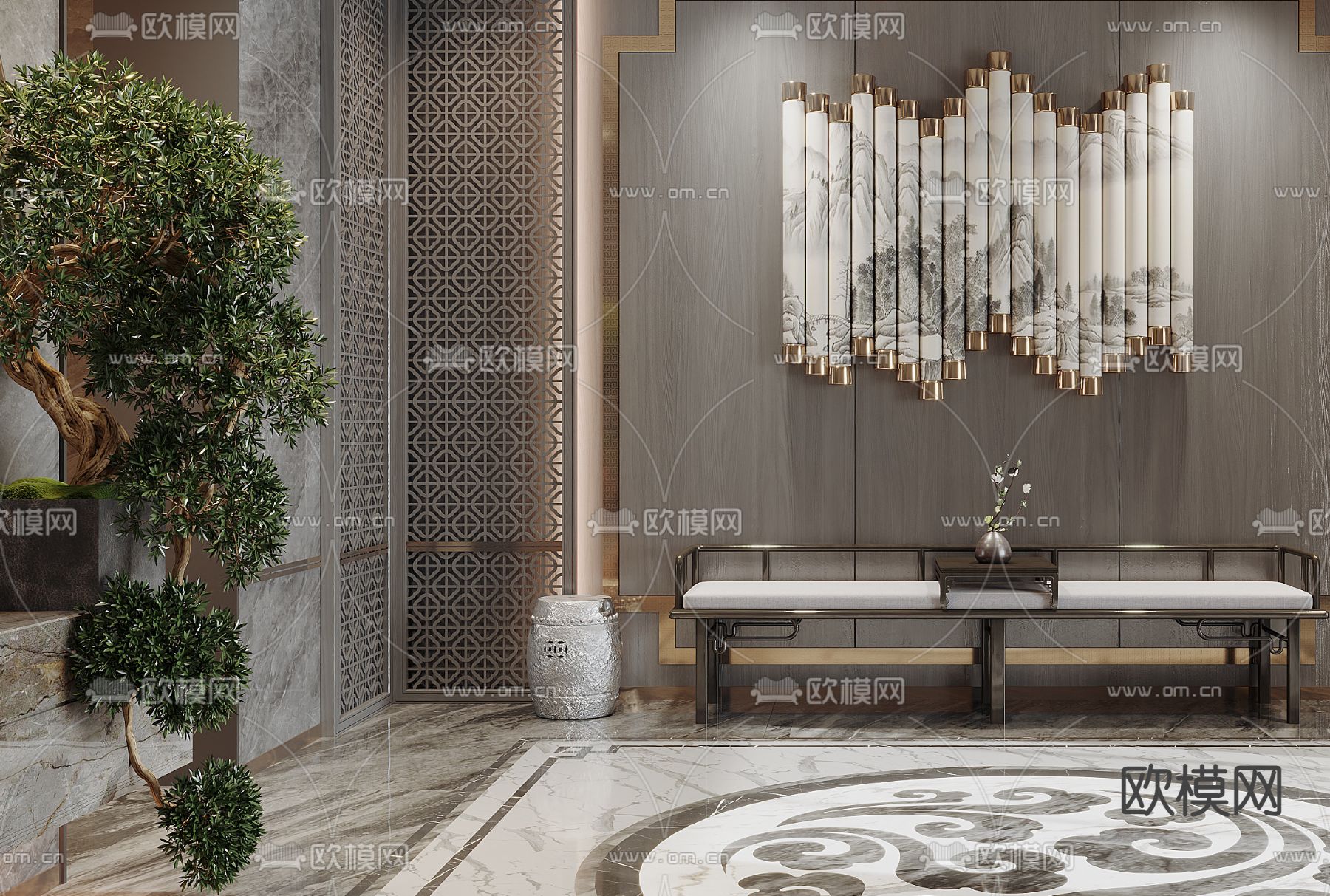 新中式玄关 门厅 过道3d模型下载（渲染图2）