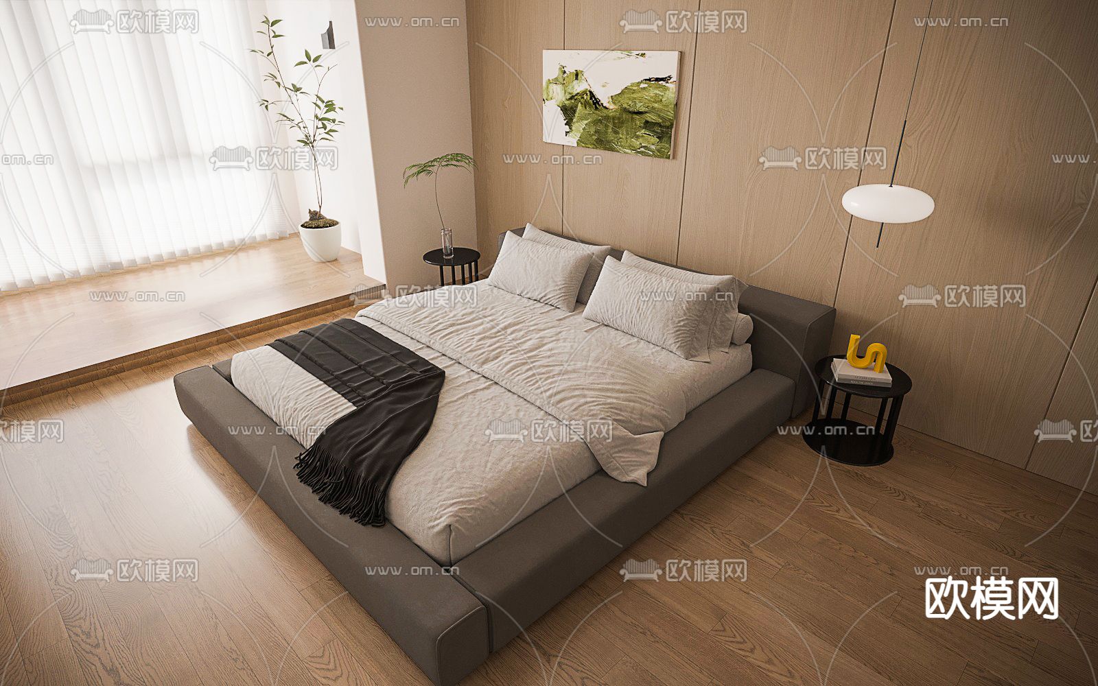 高级灰双人床 卧室床3d模型下载