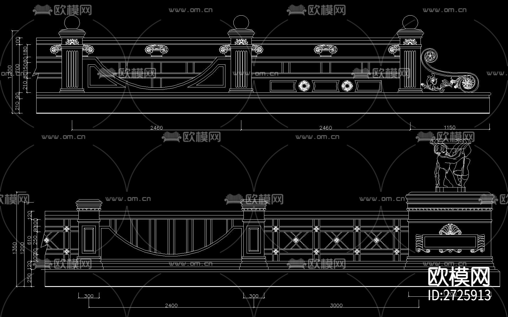 石材护栏CAD施工图下载（渲染图1）