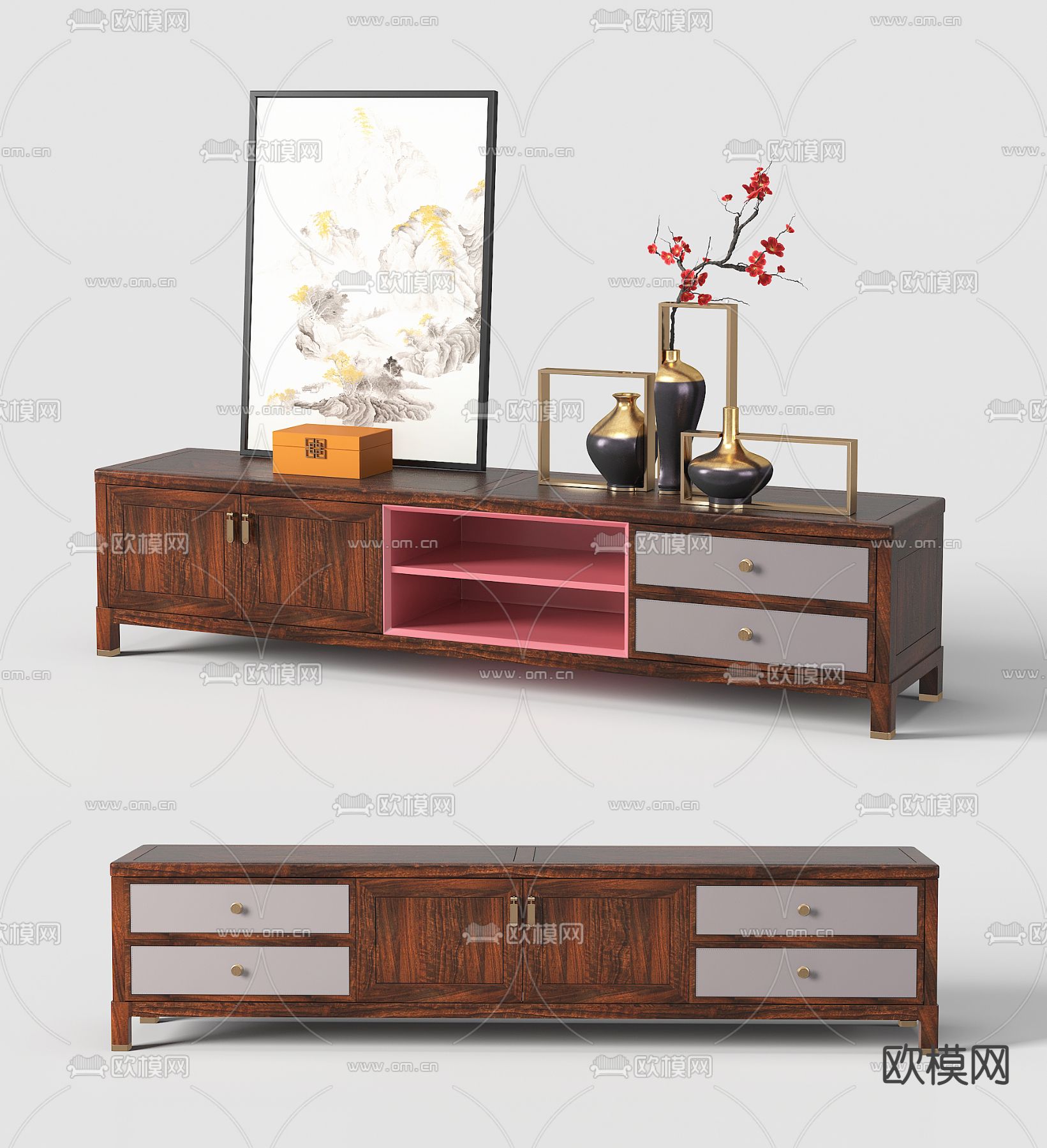 新中式电视柜3d模型下载