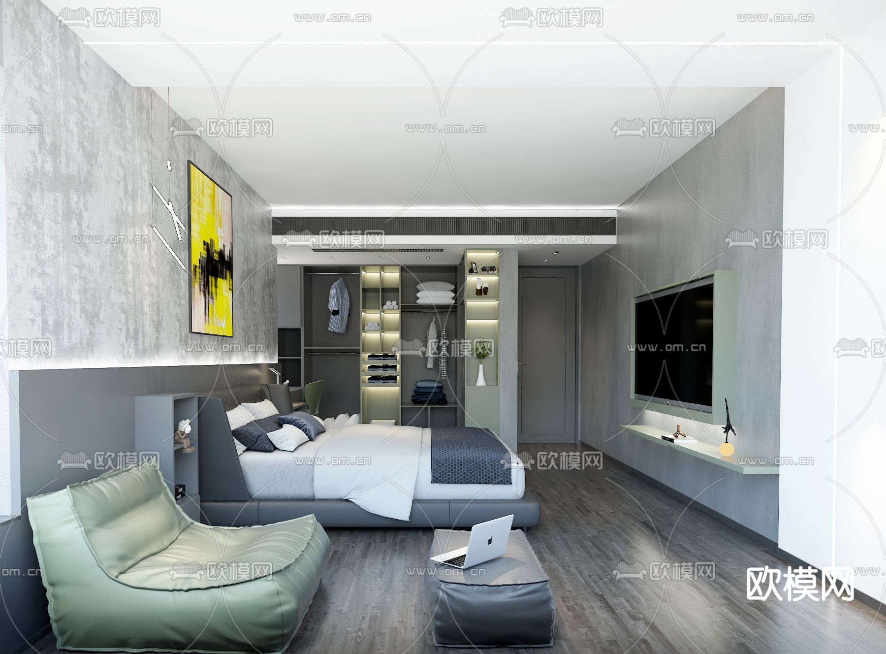 高级灰卧室免费3d模型下载（渲染图2）
