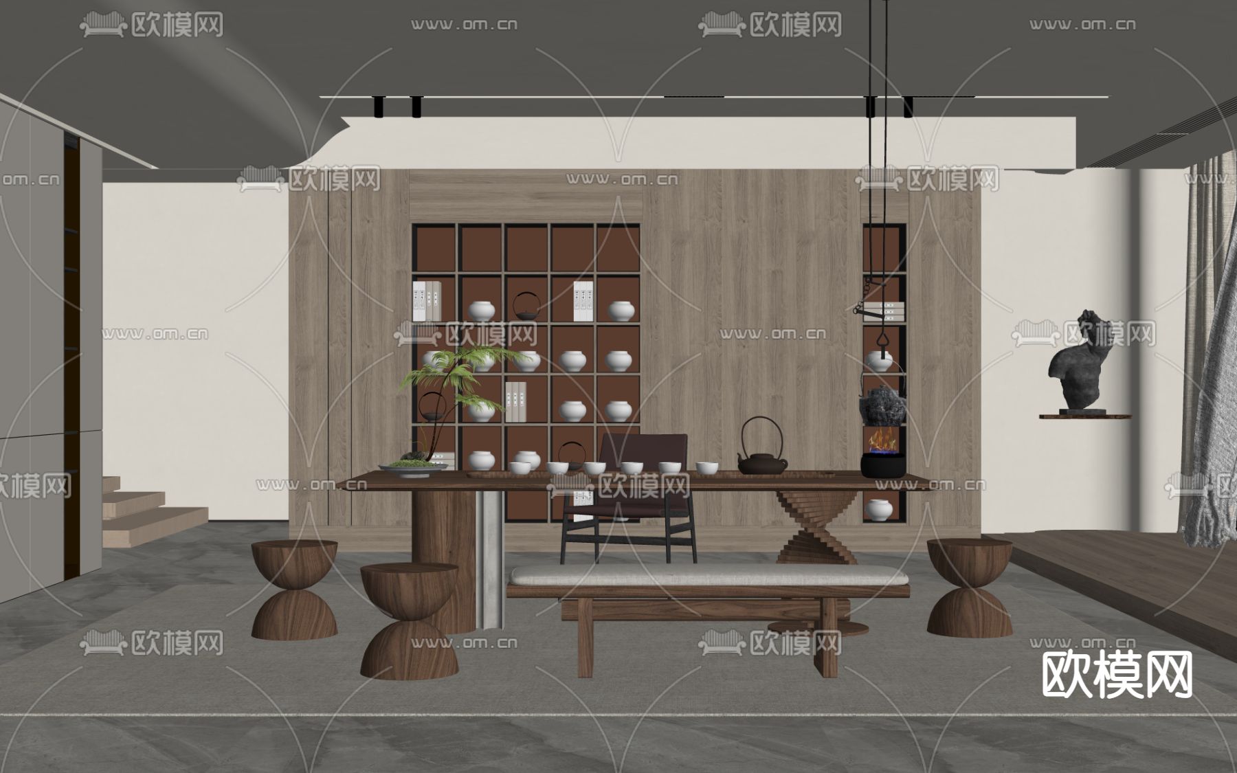 新中式茶室su模型下载（渲染图2）