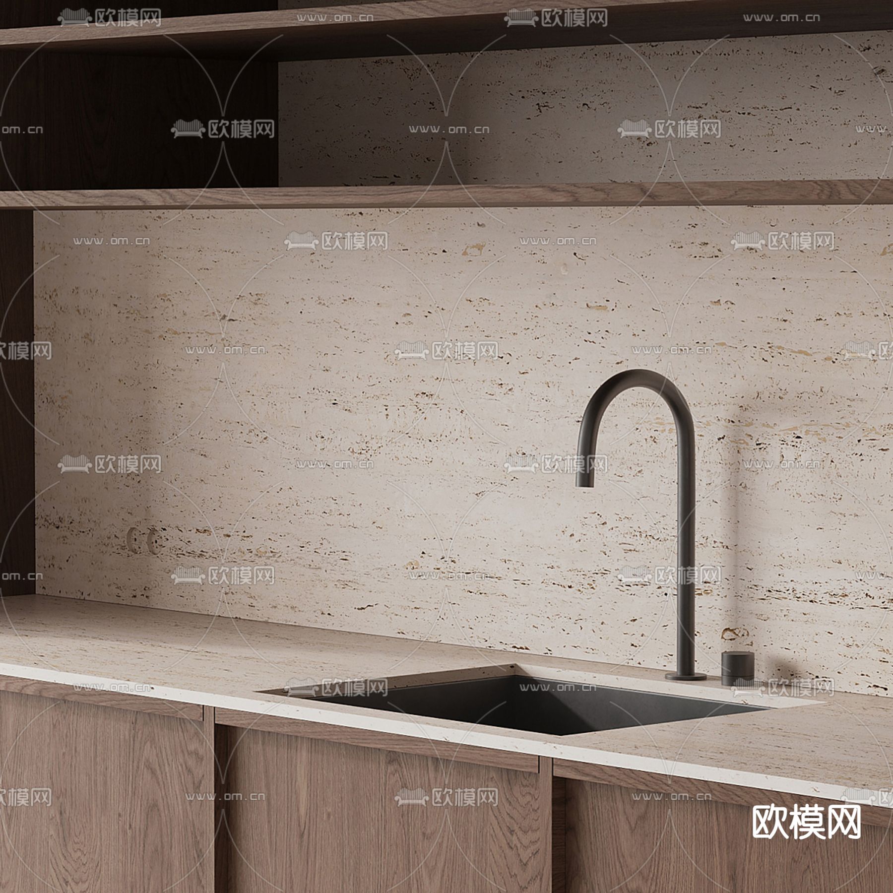 侘寂风厨房 橱柜3d模型下载（渲染图1）