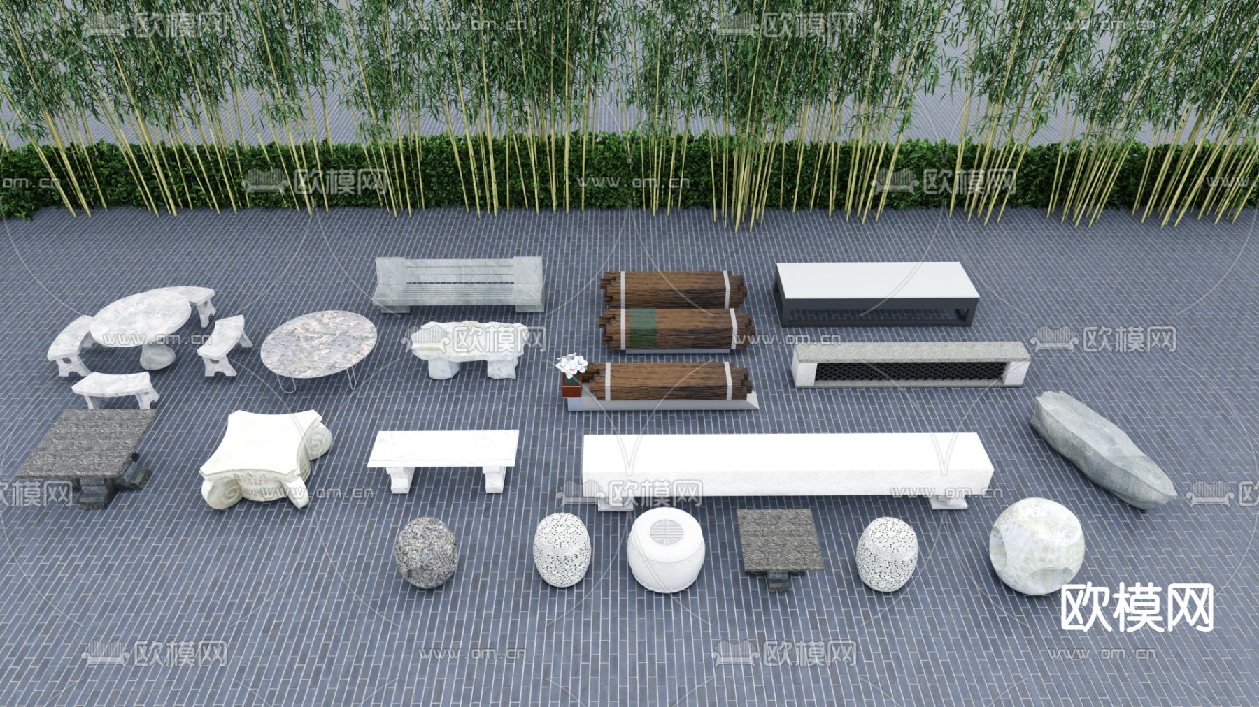 新中式石桌椅su模型下载（渲染图1）