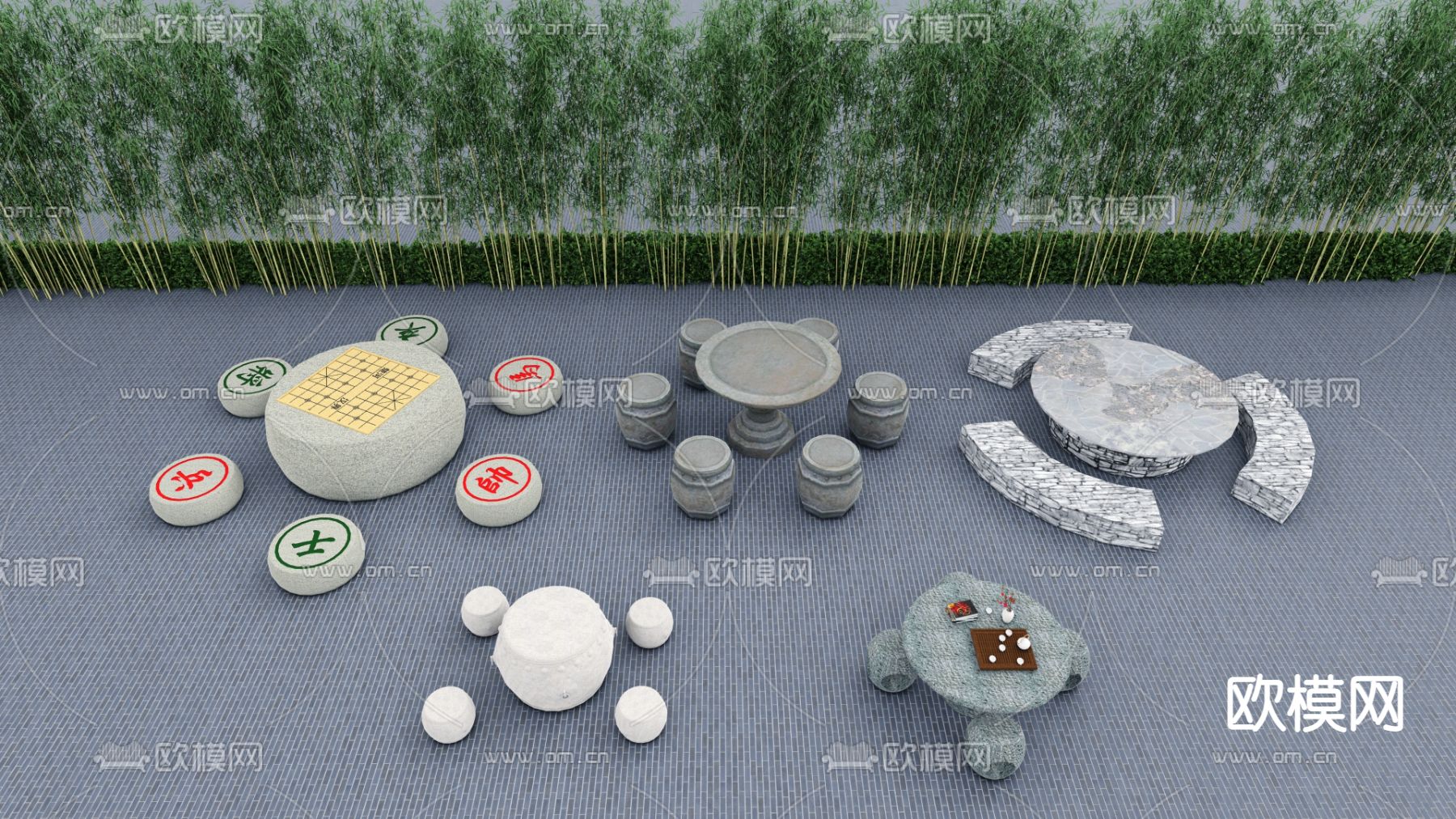 新中式石桌椅su模型下载（渲染图1）