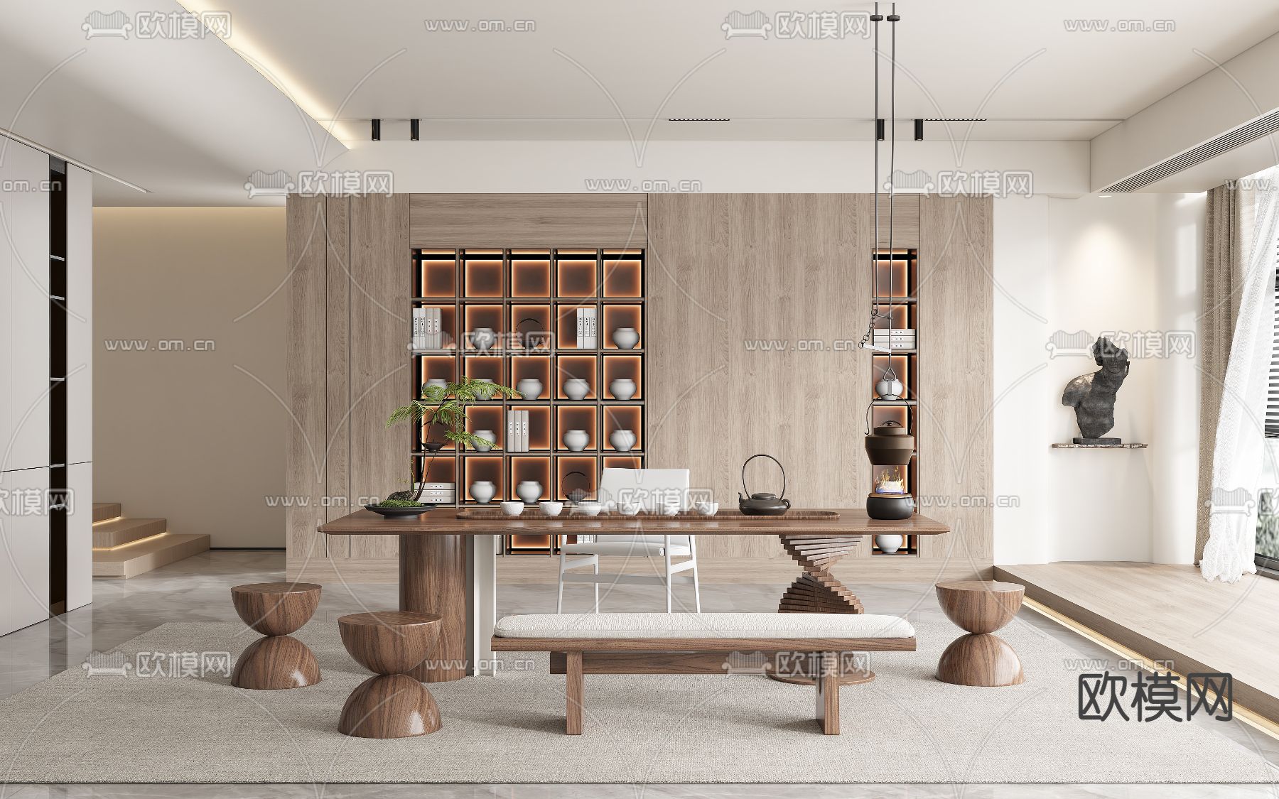 新中式茶室su模型下载（渲染图1）