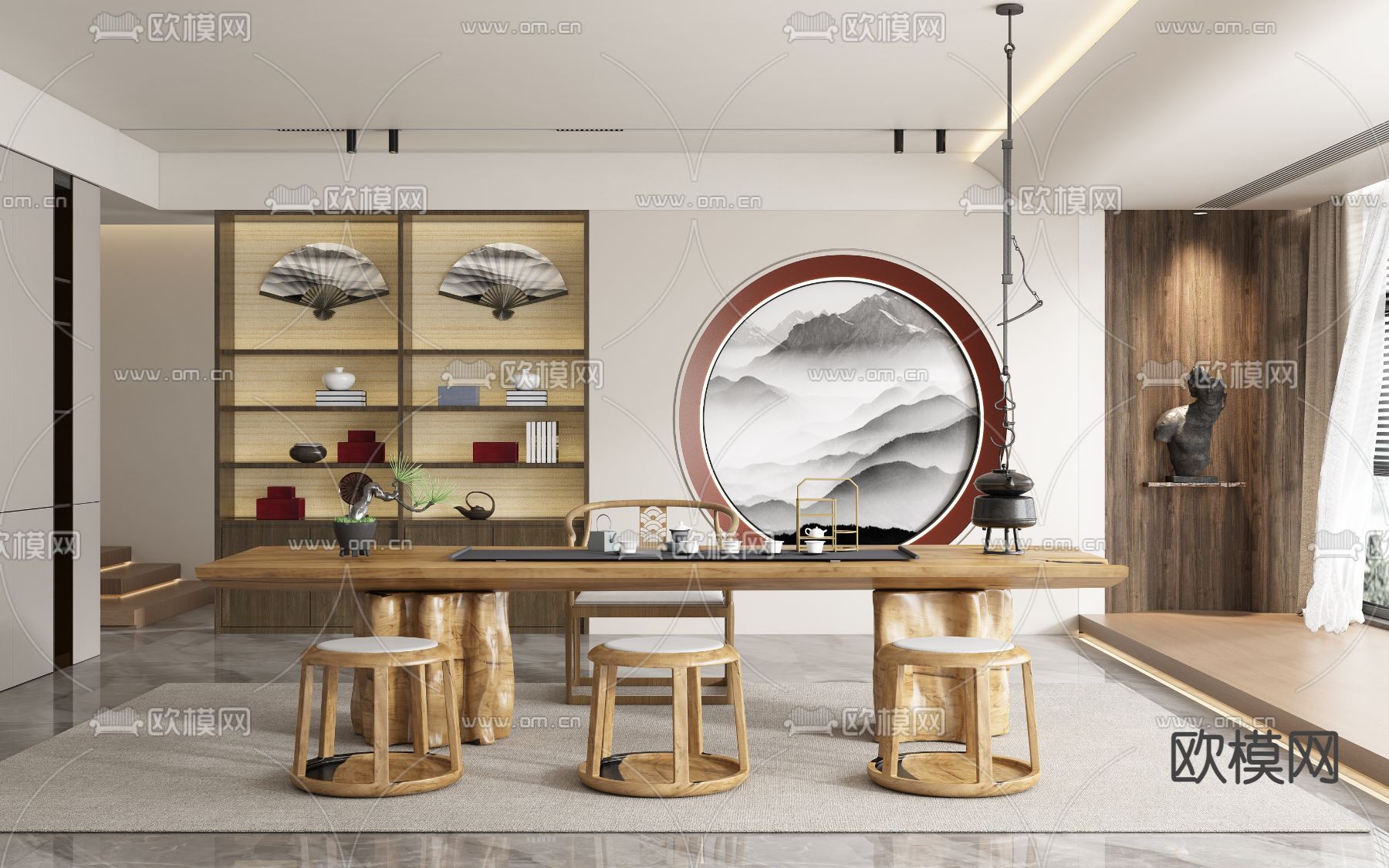 新中式茶室su模型下载（渲染图1）