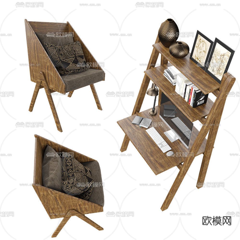 折叠书桌椅su模型下载（渲染图1）