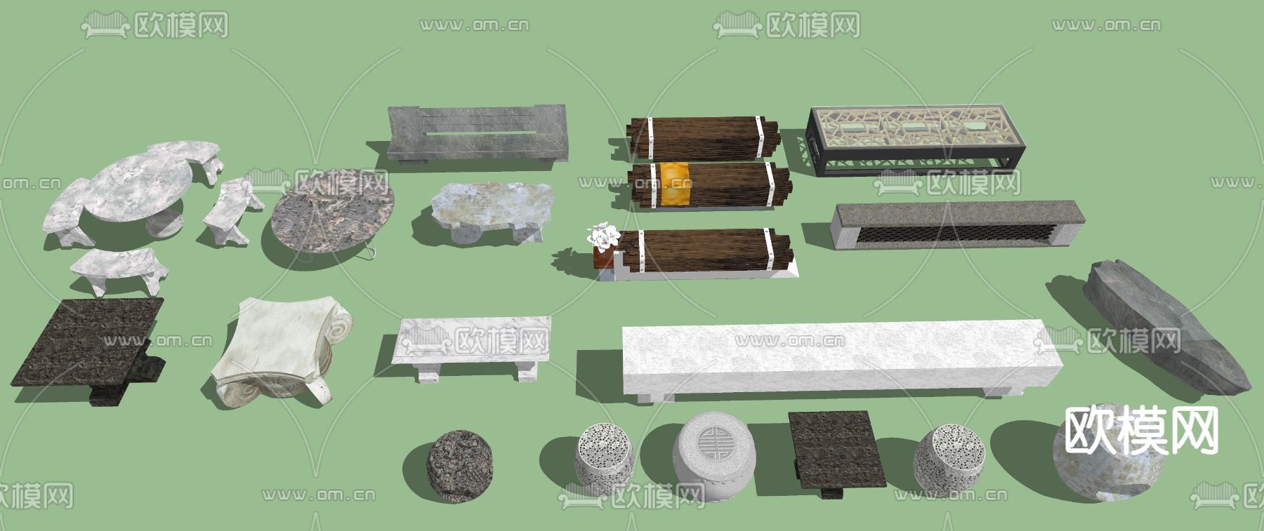 新中式石桌椅su模型下载（渲染图2）