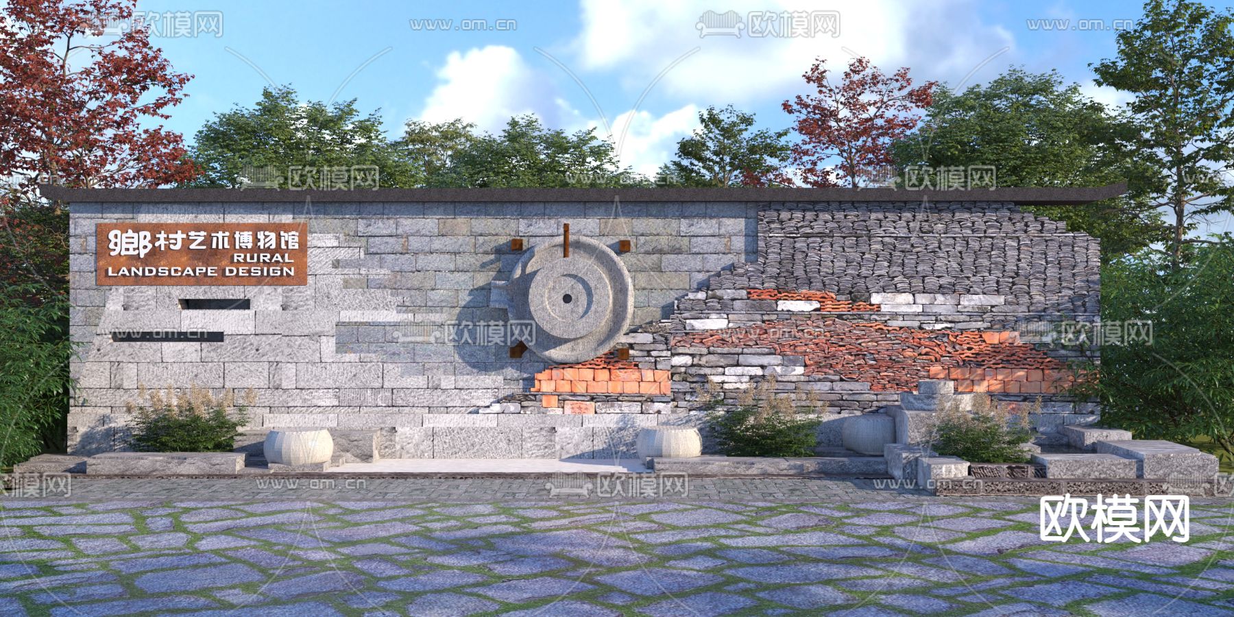 中式乡村民俗景墙3d模型下载