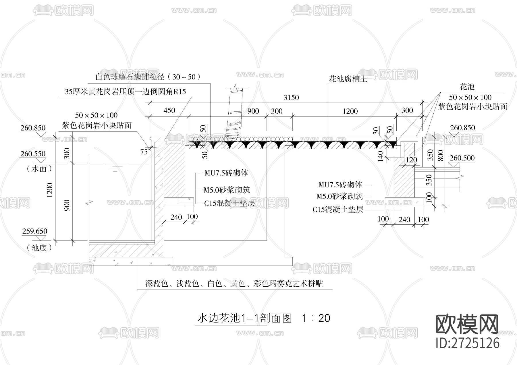 水边花池瀑布剖面CAD施工图下载（渲染图1）