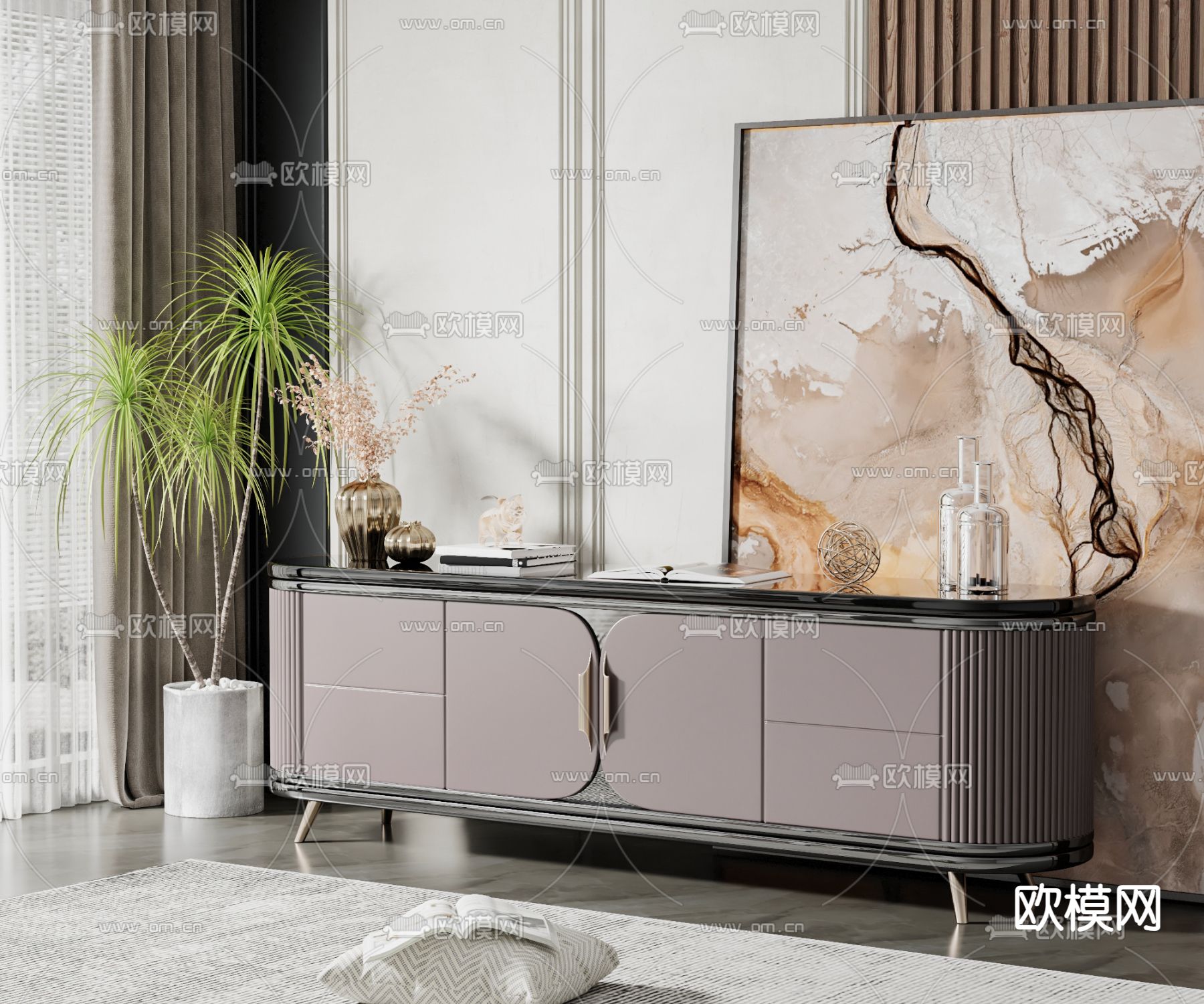 简欧电视柜su模型下载（渲染图1）