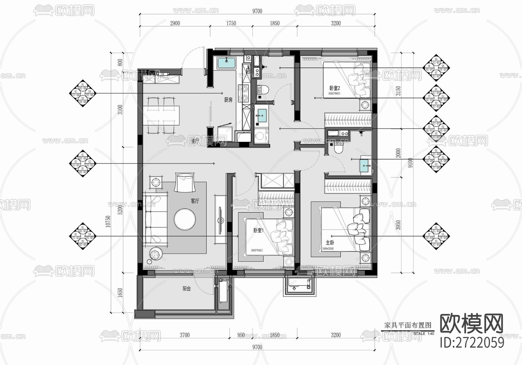 100㎡三居室家装CAD施工图下载（渲染图1）