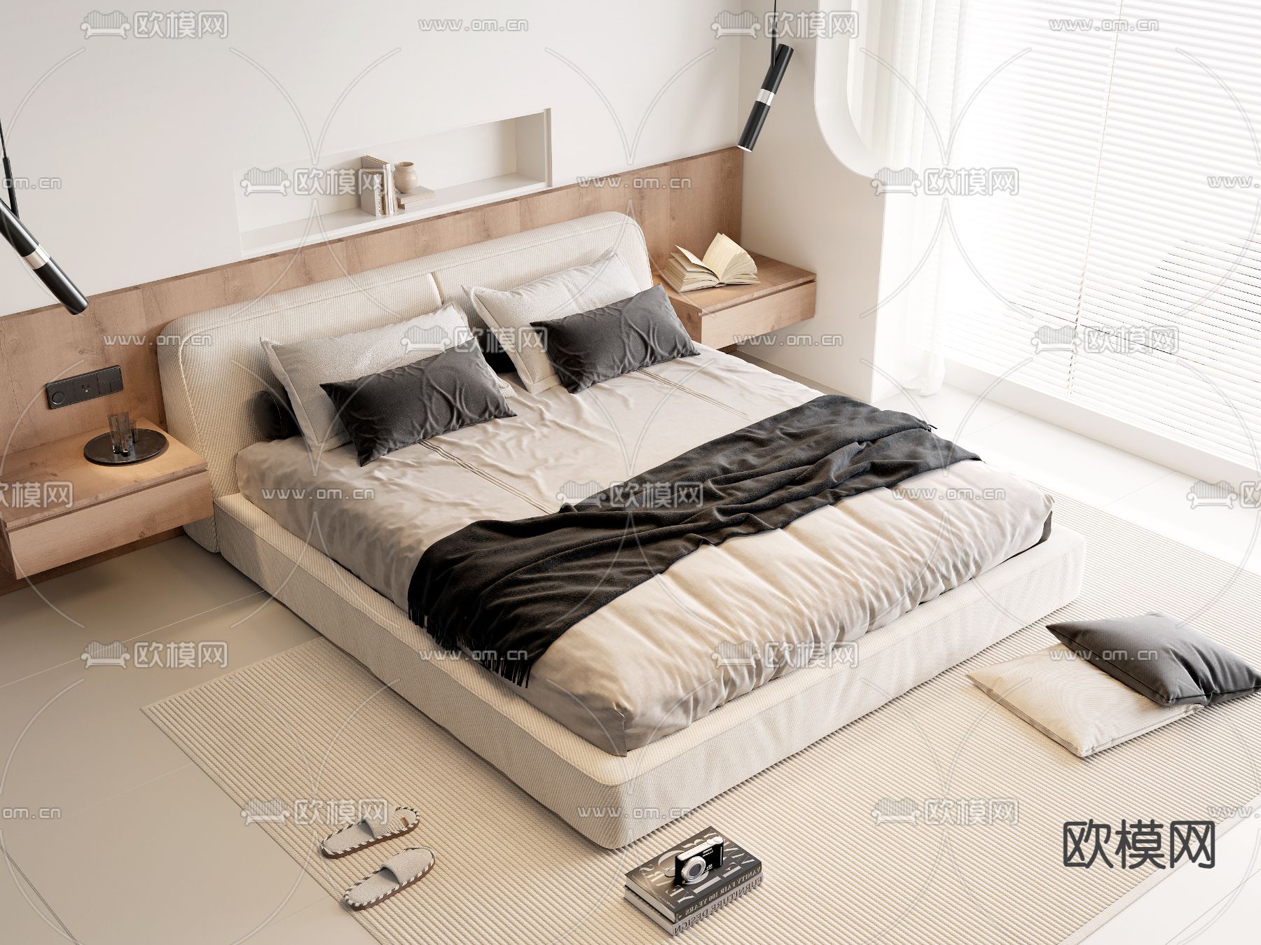 现代双人床su模型下载（渲染图1）