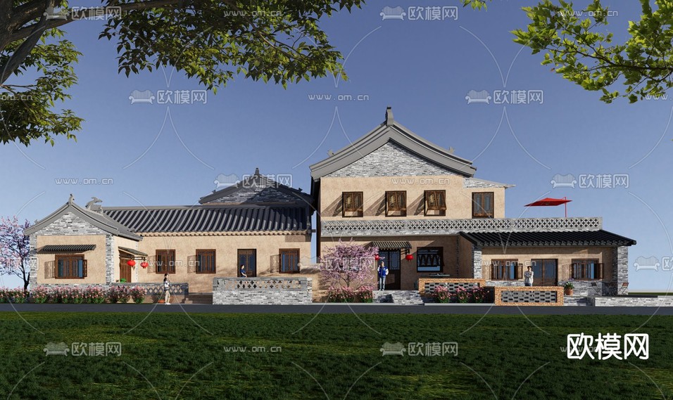 中式民宿外观su模型下载(渲染图1)