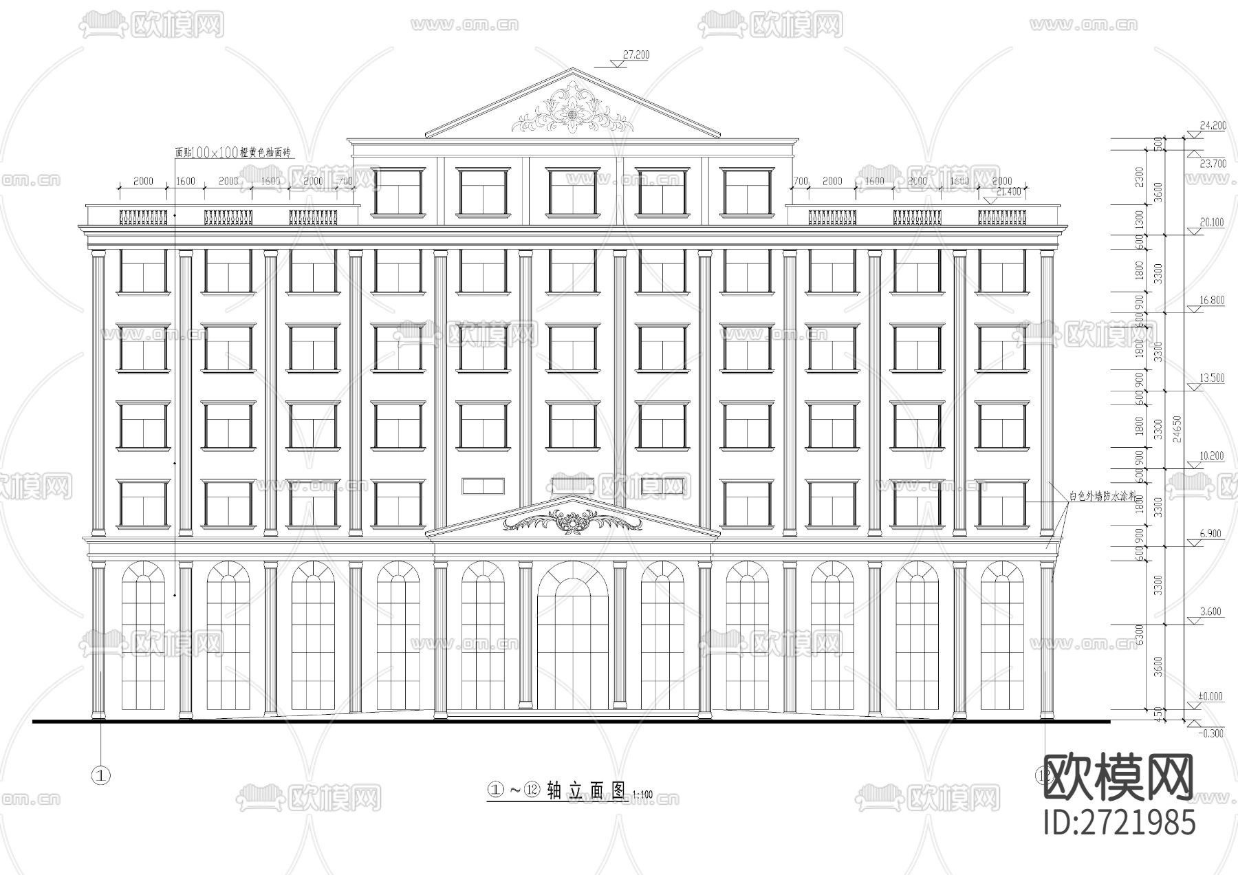 欧式七层办公楼CAD施工图下载（渲染图1）