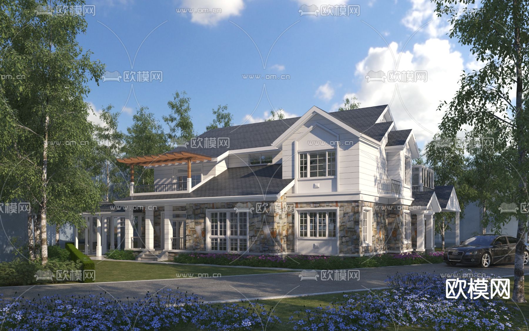 美式独栋别墅 外观3d模型下载