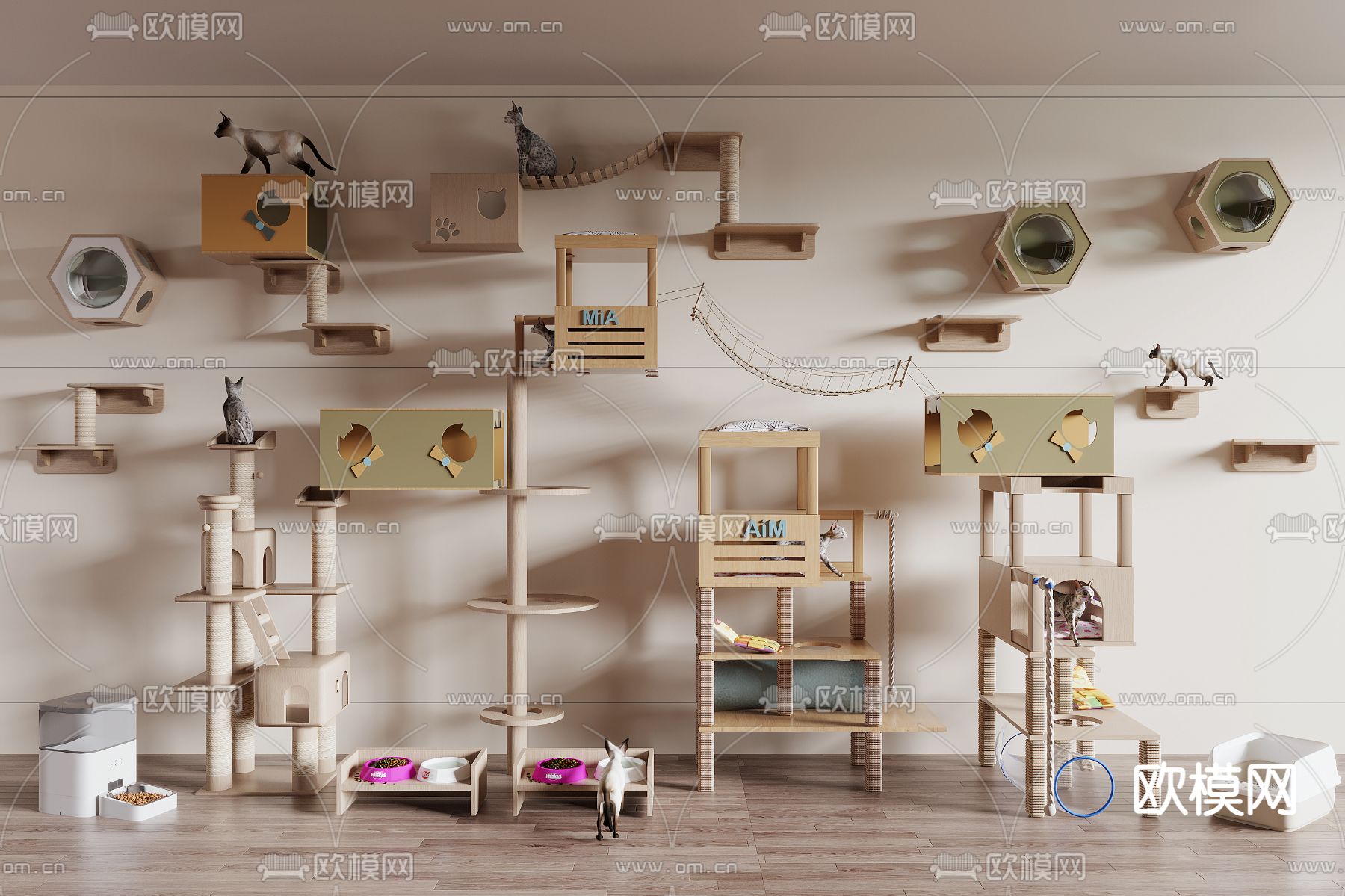 猫爬架 猫舍 猫窝 喂食器su模型下载（渲染图1）