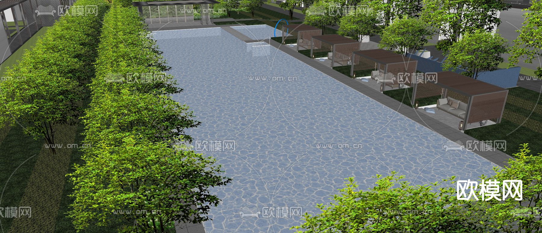 小区游泳池 露天游泳池su模型下载（渲染图3）