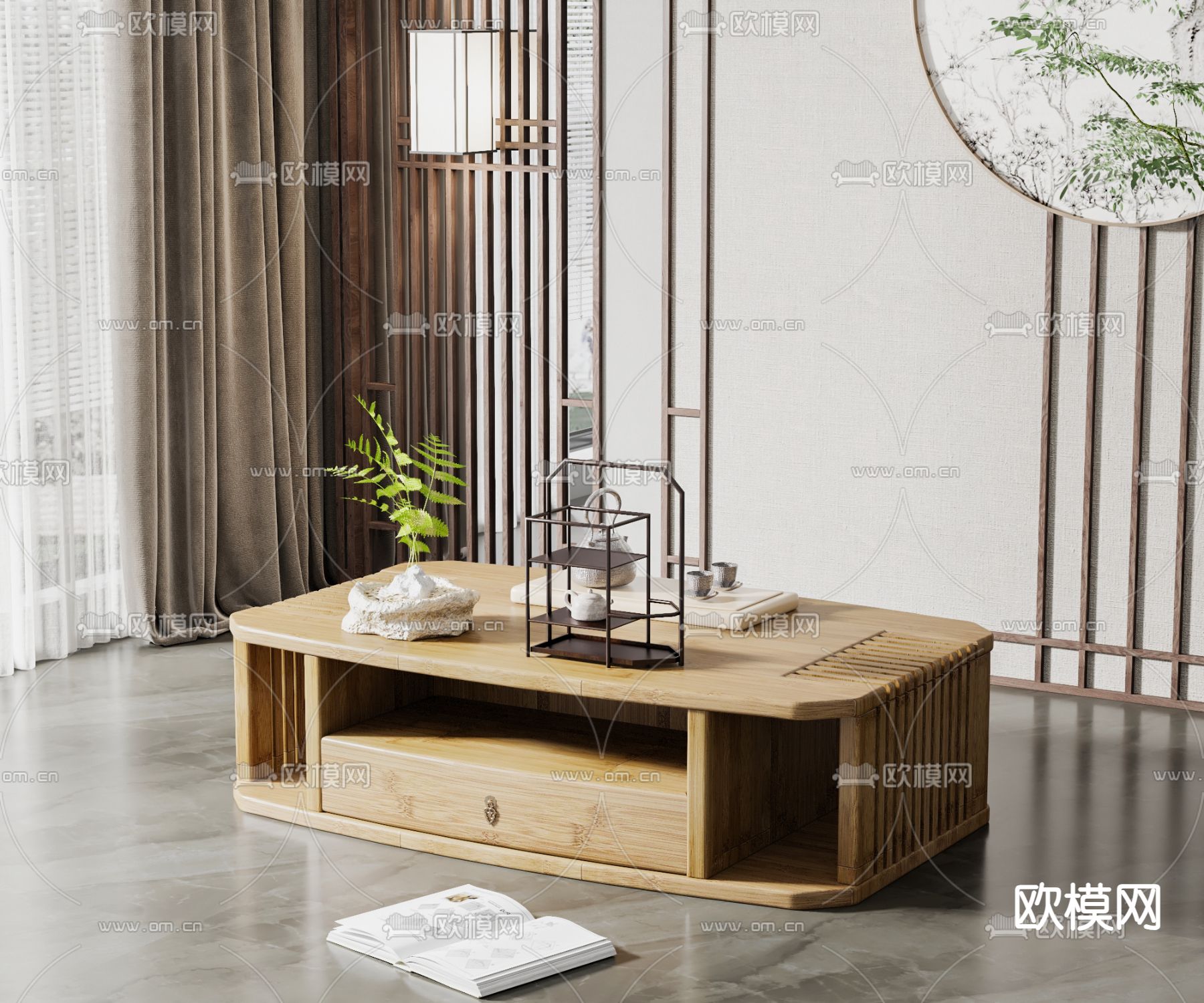 新中式茶几su模型下载（渲染图1）