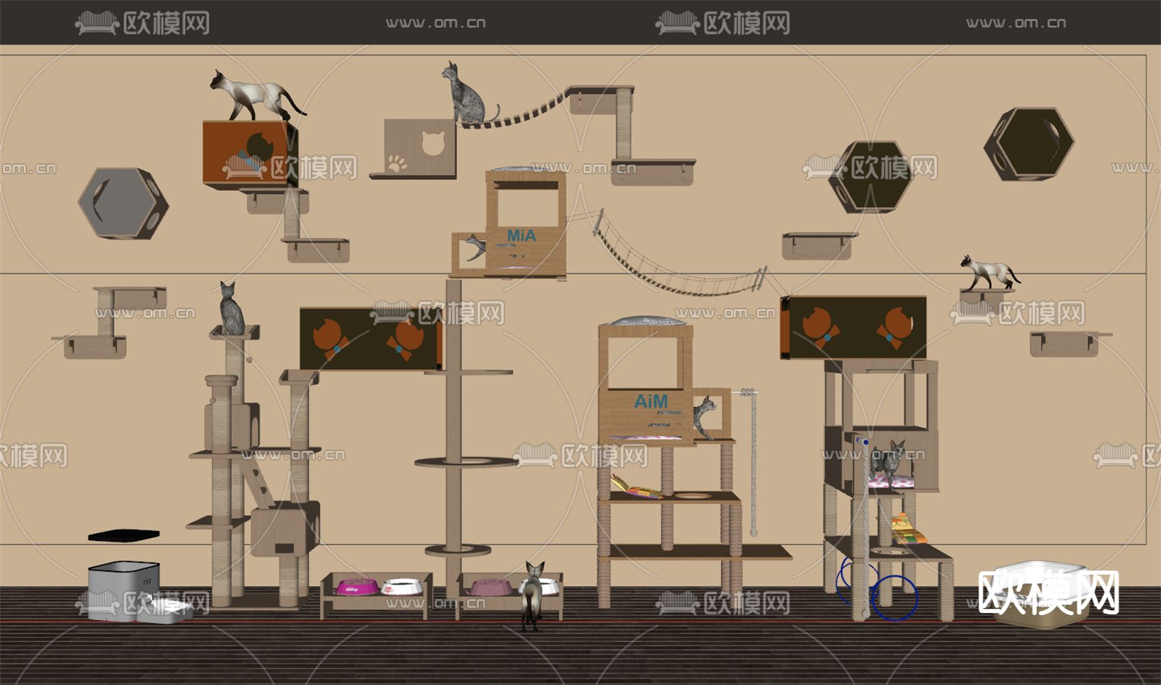 猫爬架 猫舍 猫窝 喂食器su模型下载（渲染图2）