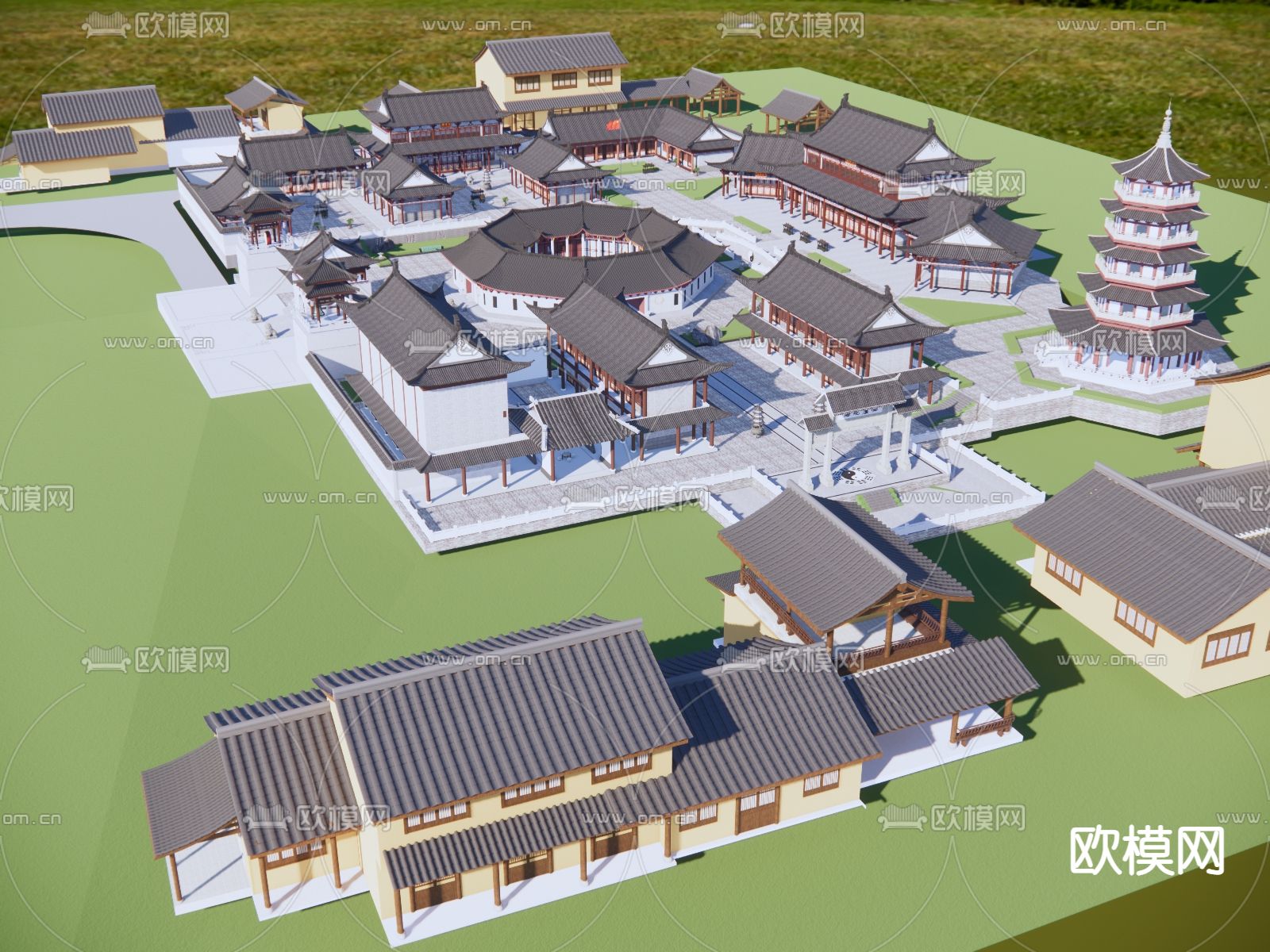 中式古建 寺庙鸟瞰su模型下载（渲染图3）