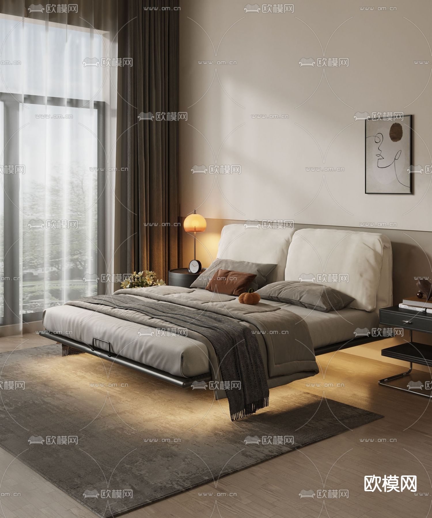 双人床 悬浮床su模型下载（渲染图1）