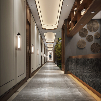  中式酒店过道su模型 