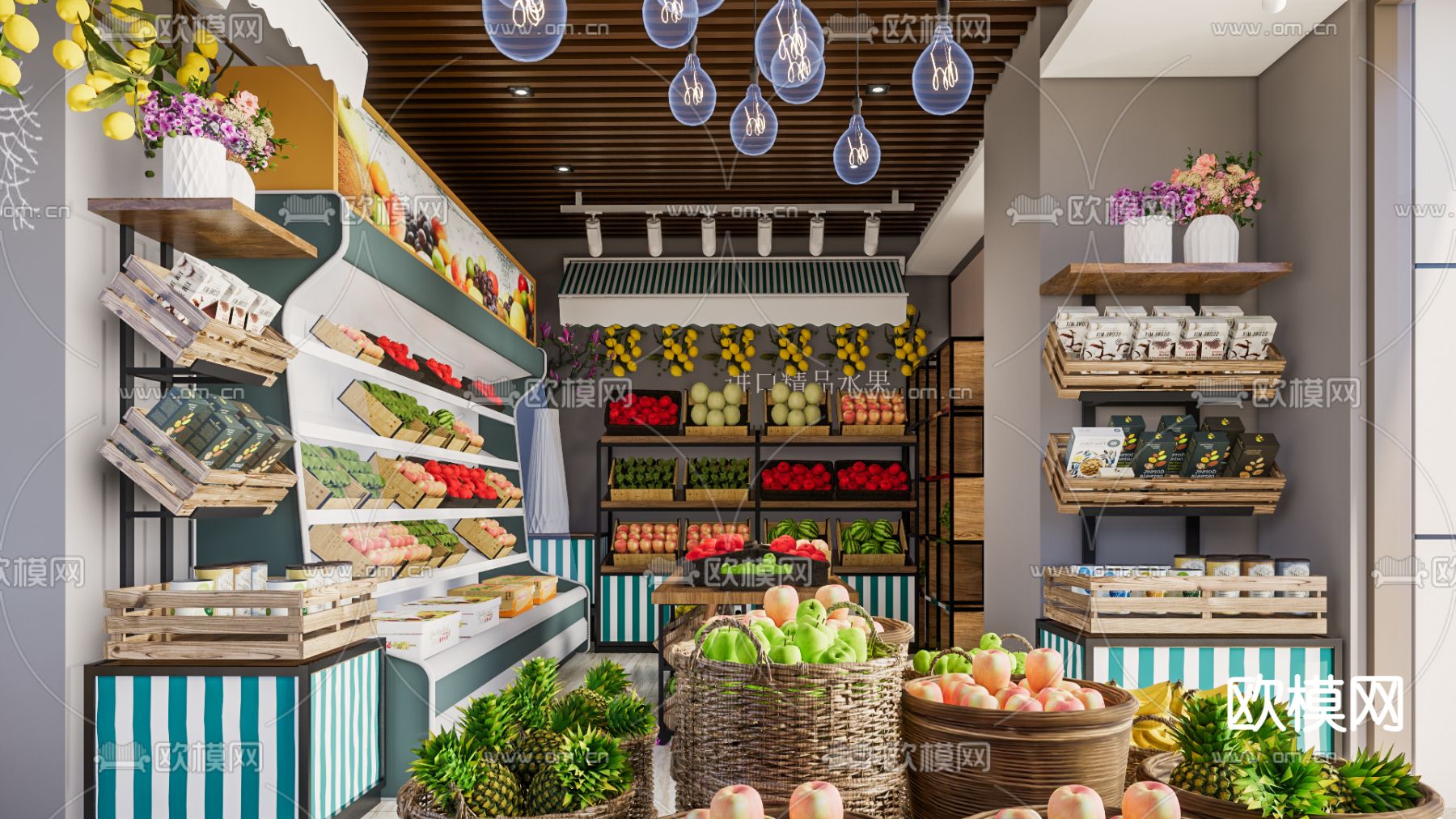 水果店 柜台货架 冷柜su模型下载（渲染图1）