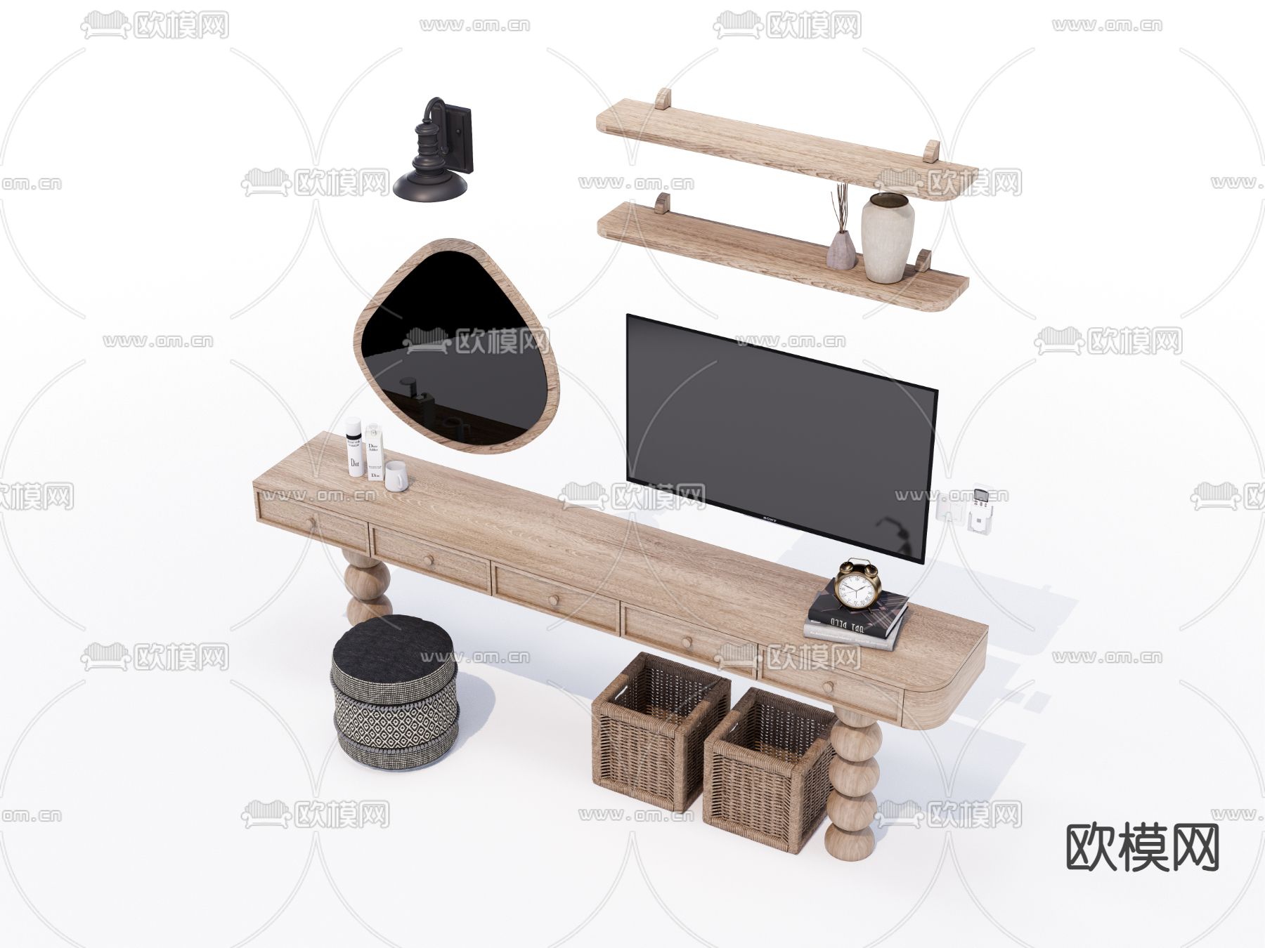 侘寂实木梳妆台su模型下载（渲染图1）