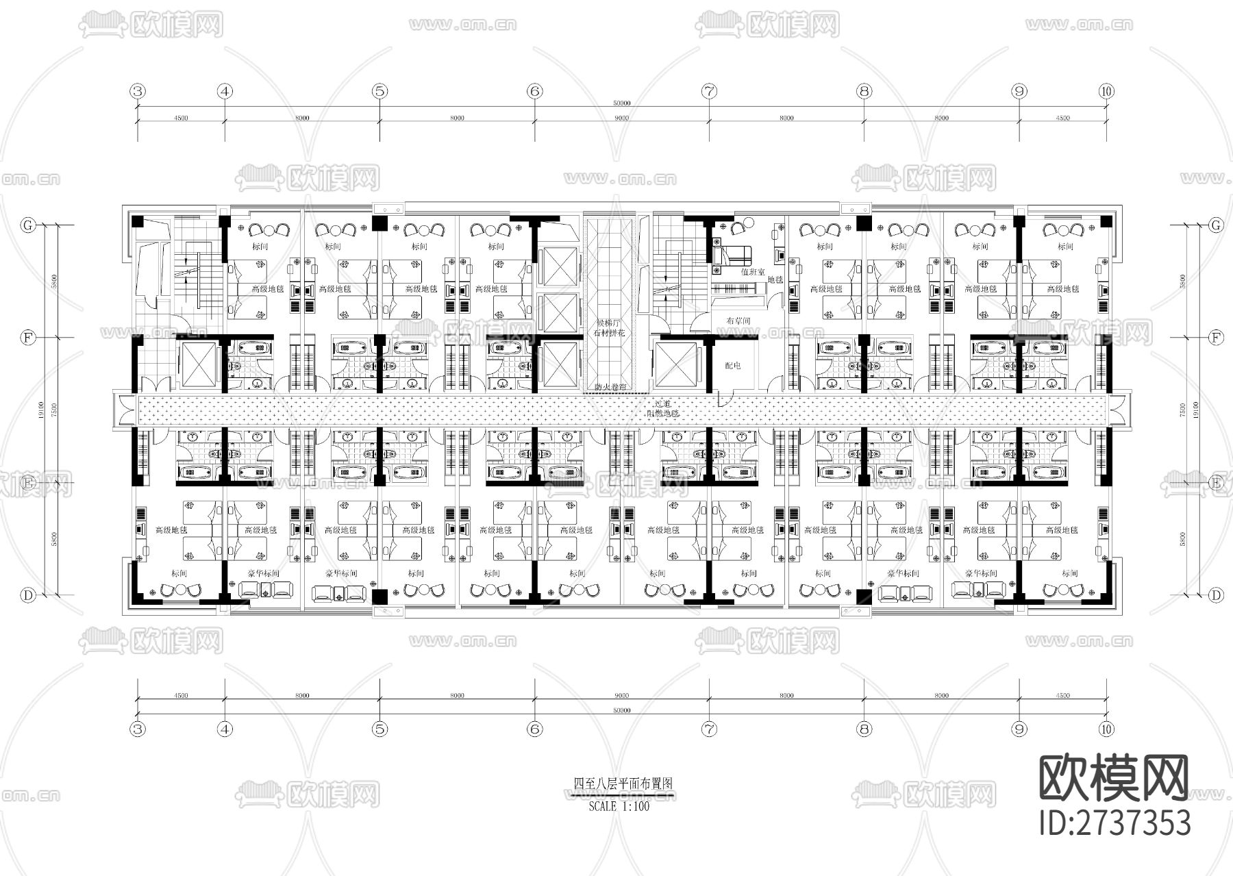十九层四星级酒店cad平面图下载（渲染图1）