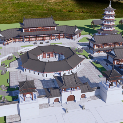  中式古建 寺庙鸟瞰su模型 