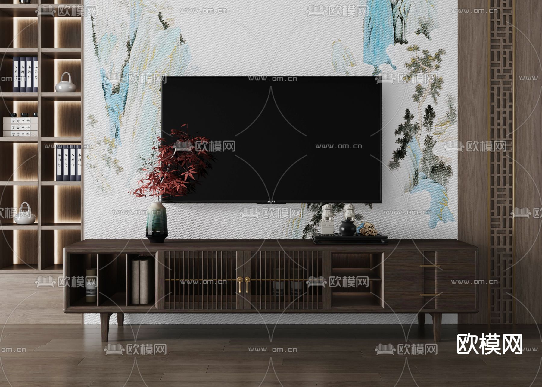 新中式电视柜3d模型下载