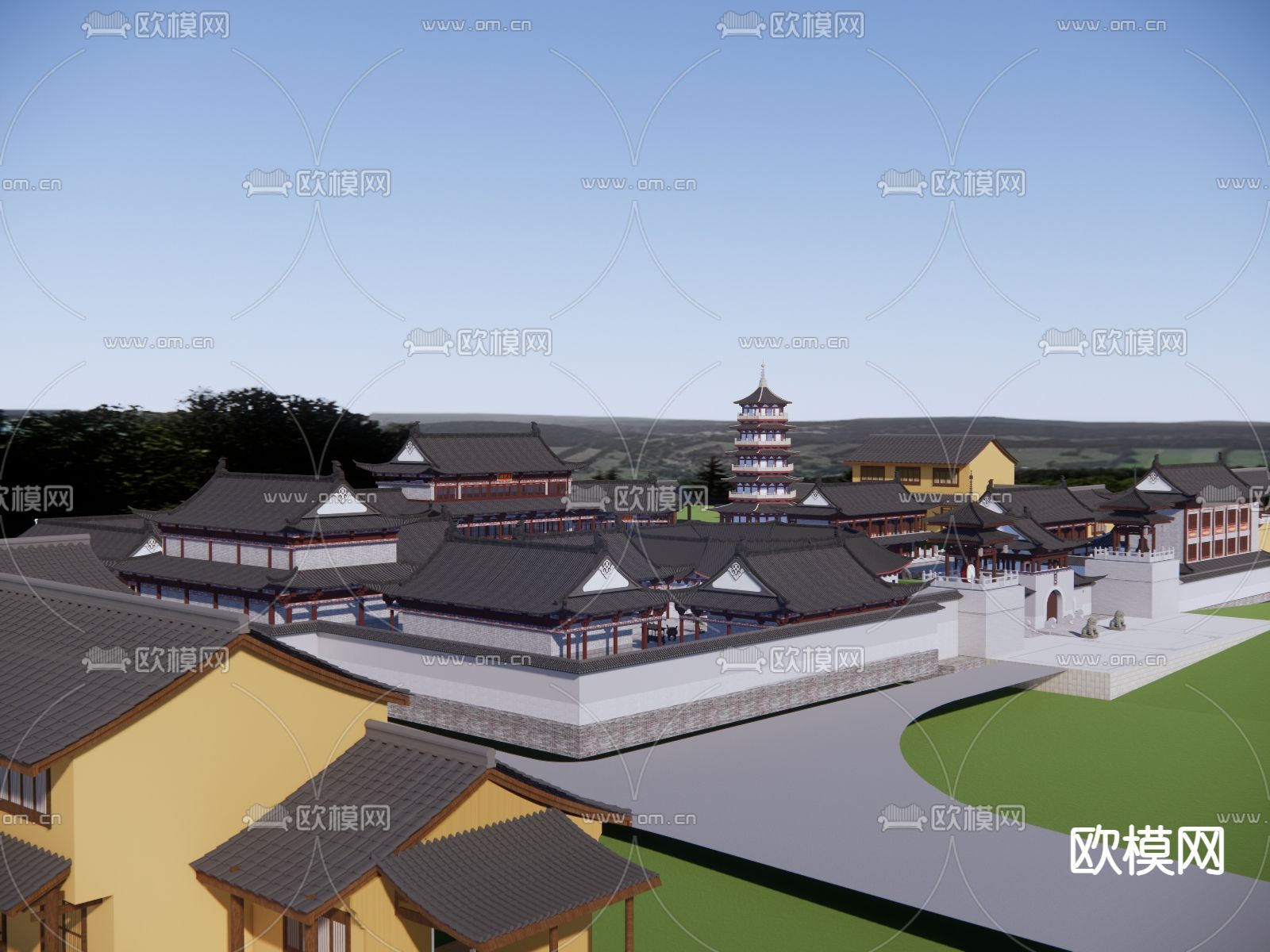 中式古建 寺庙鸟瞰su模型下载（渲染图4）