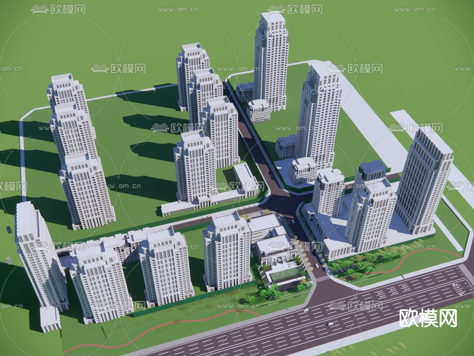 现代高层住宅鸟瞰su模型下载（渲染图1）
