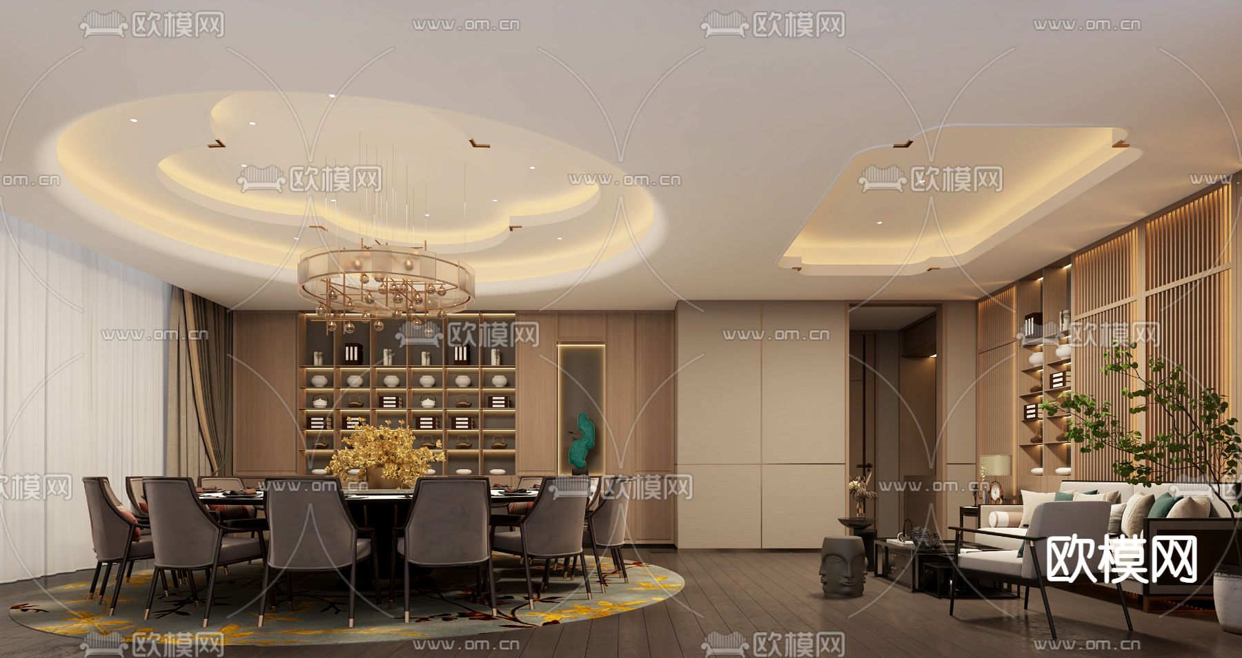 中式餐厅包厢su模型下载（渲染图1）