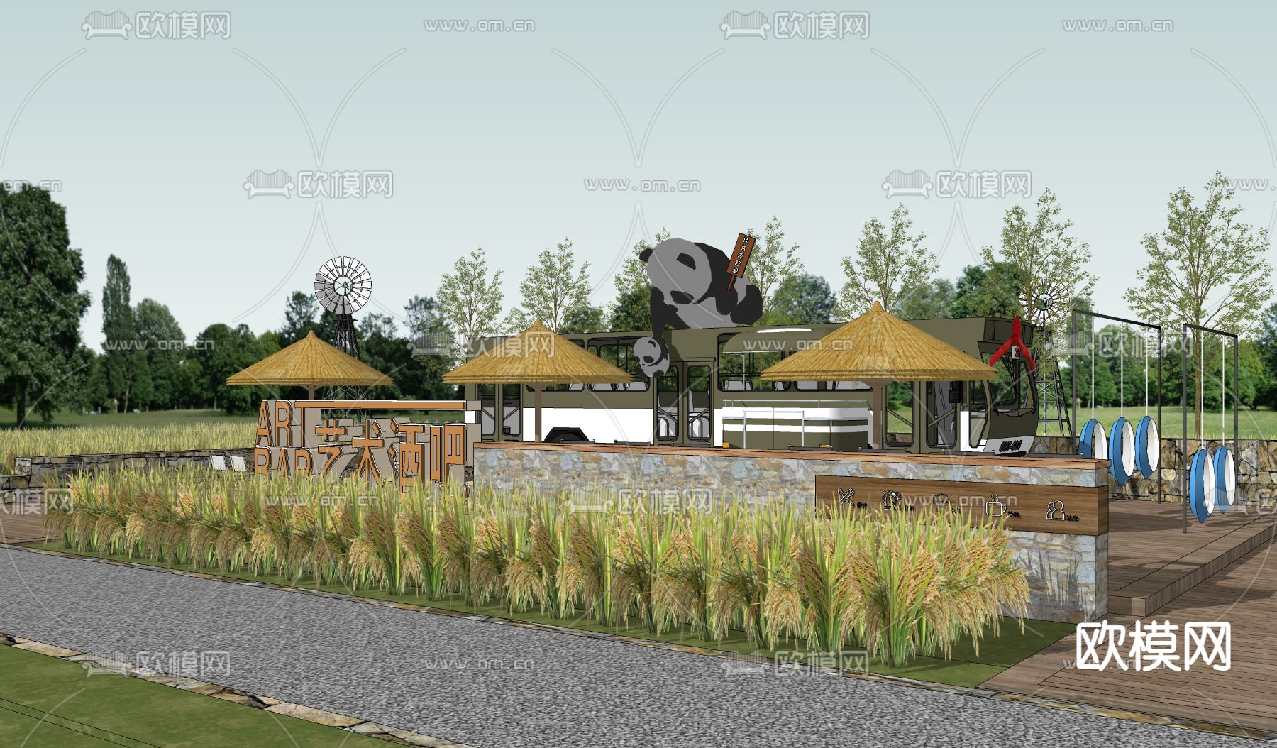 稻田火车酒吧su模型下载（渲染图1）