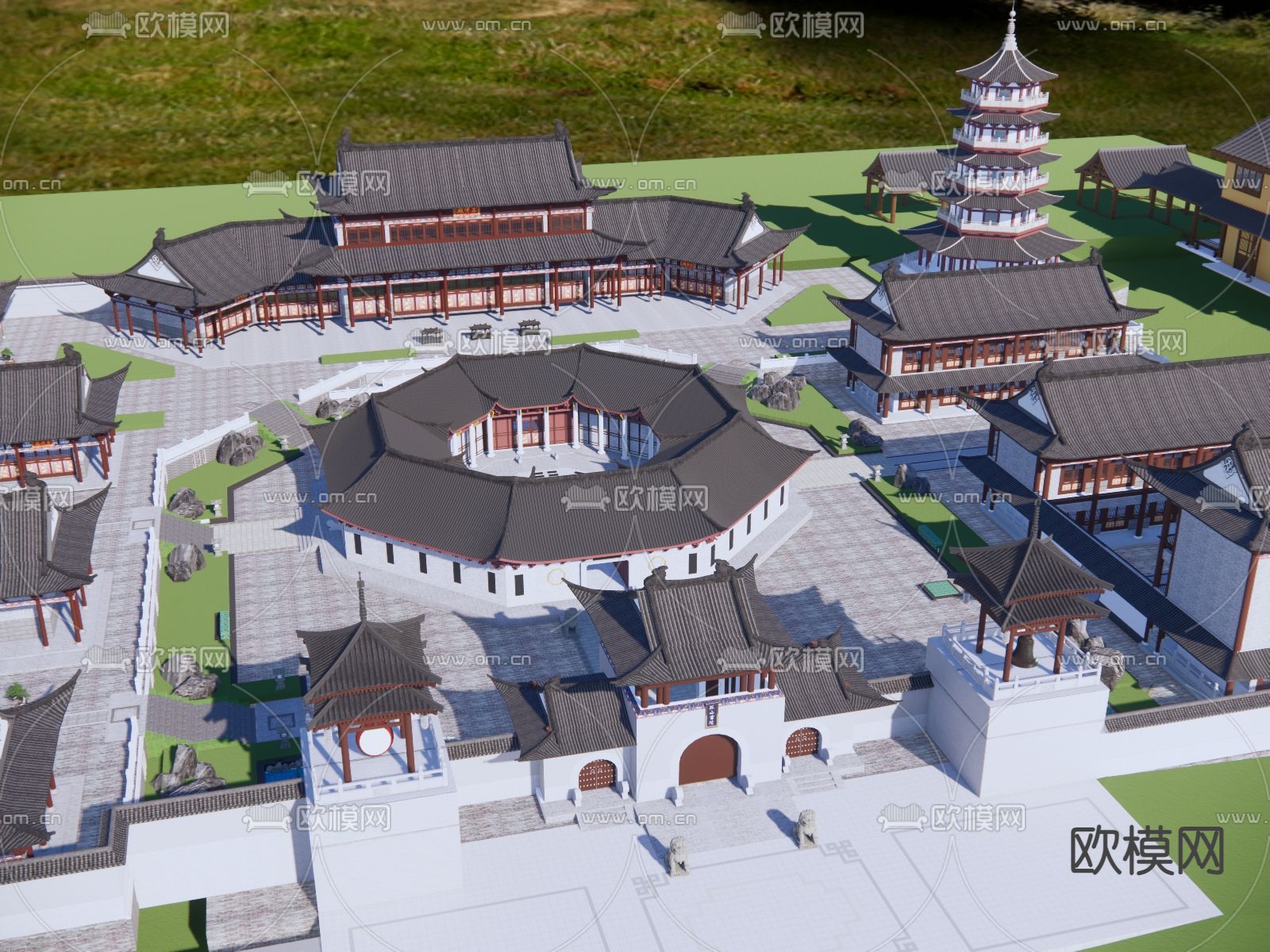 中式古建 寺庙鸟瞰su模型下载（渲染图1）