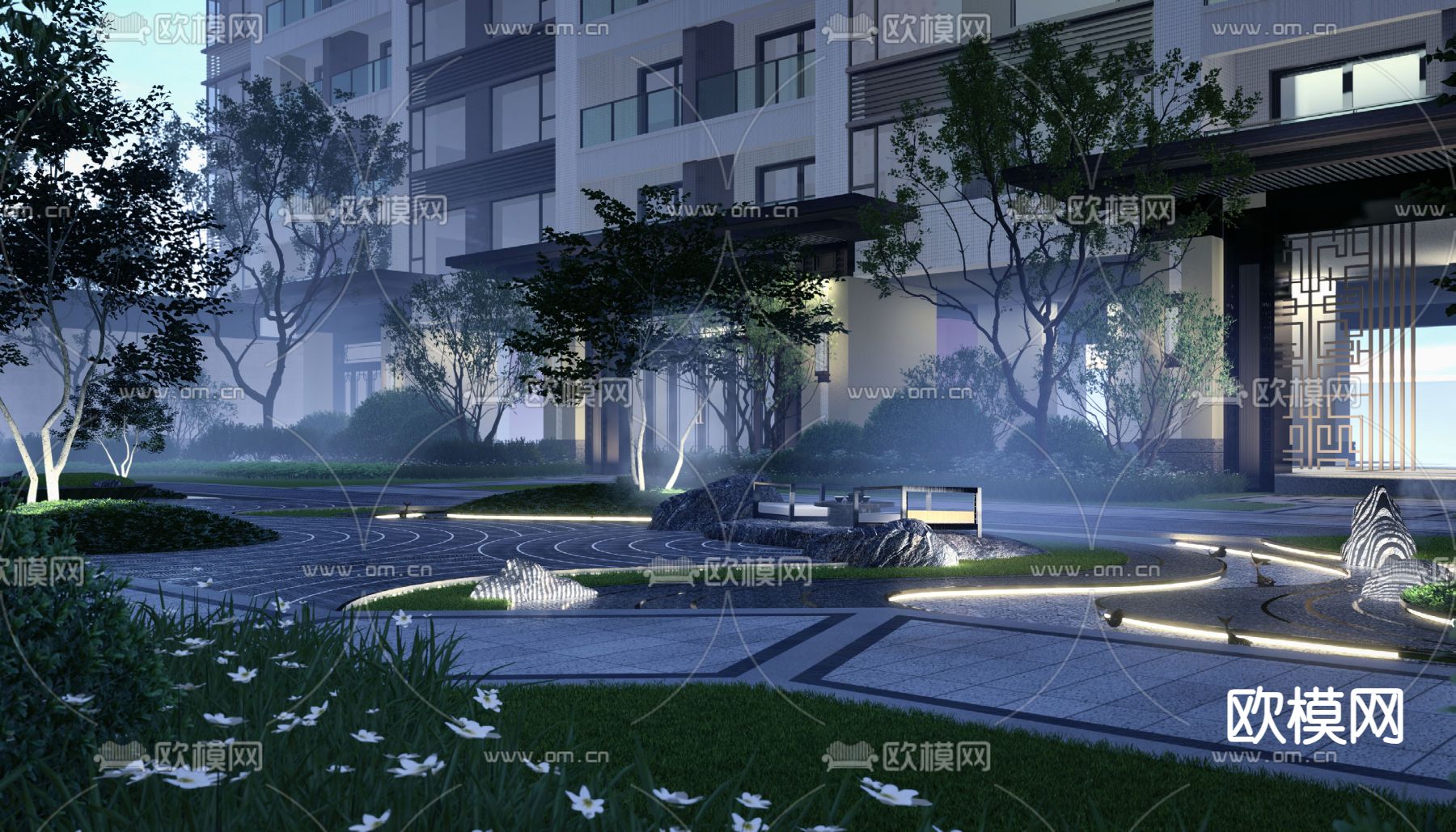 庭院夜景su模型下载（渲染图1）