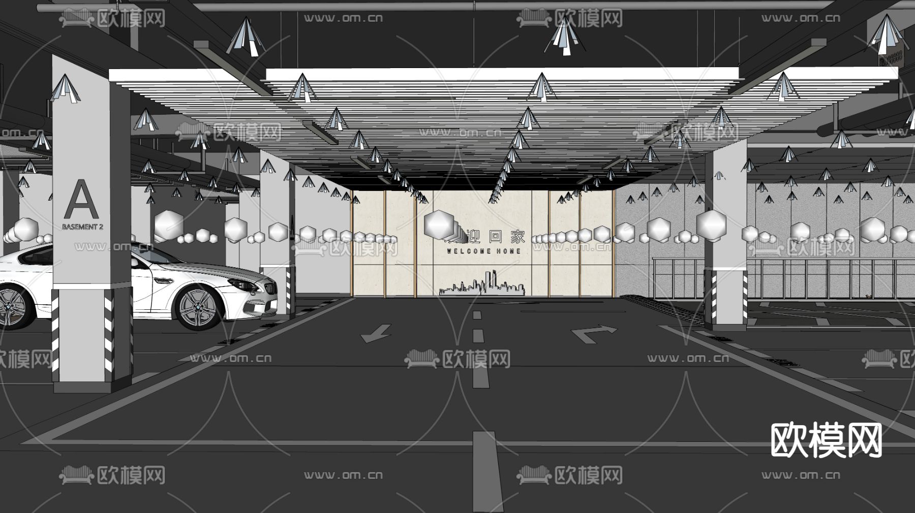 地下停车场 停车场su模型下载（渲染图2）