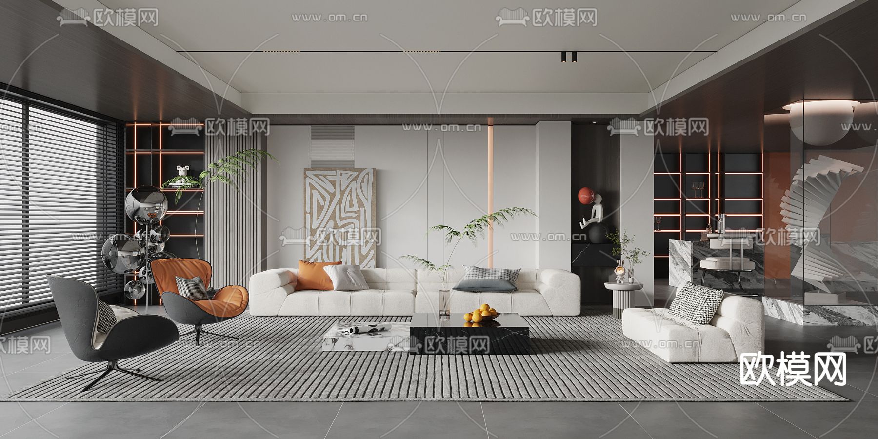黑白灰客厅3d模型下载