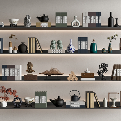 新中式饰品摆件 书籍 茶具su模型