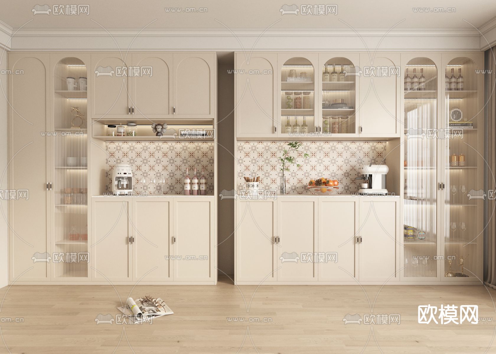奶油风酒柜su模型下载（渲染图1）