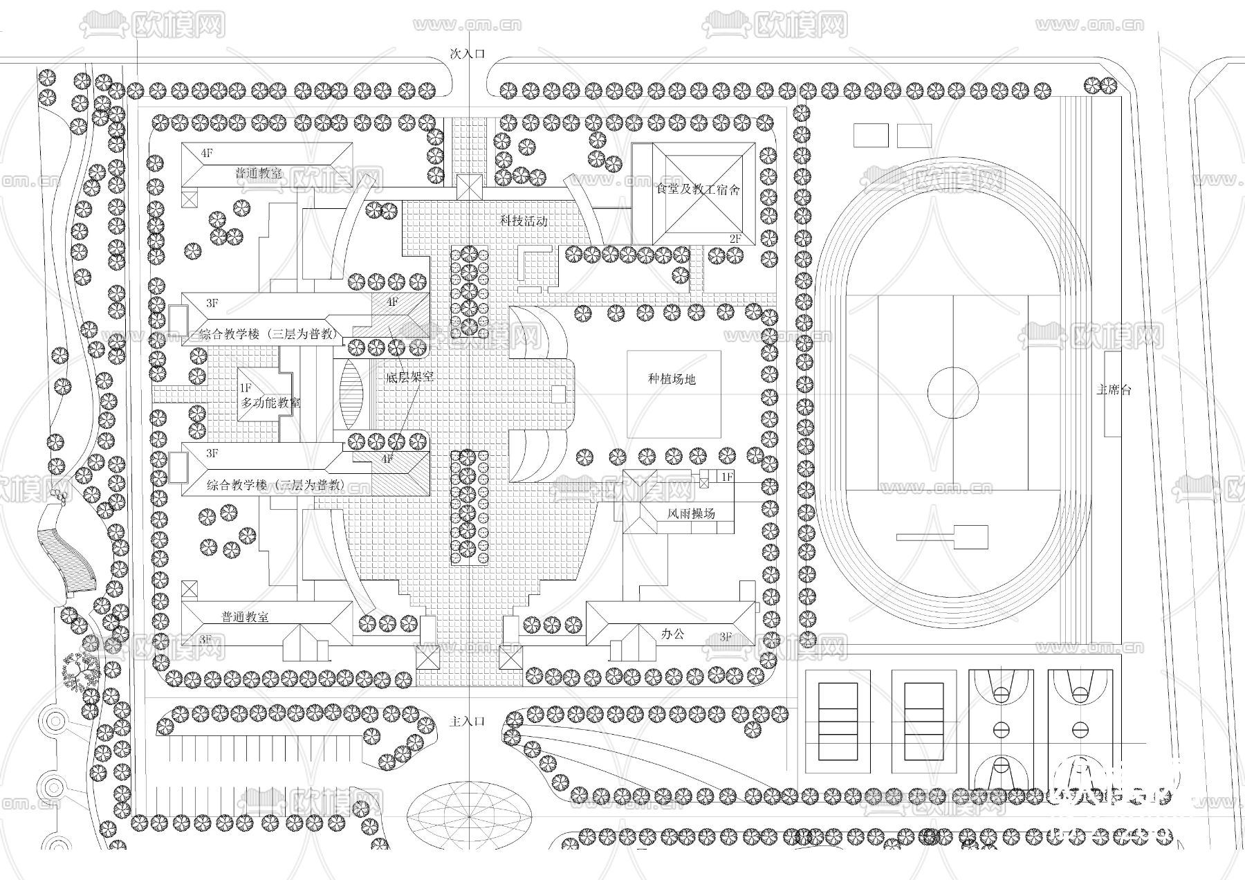 中心小学cad平面图下载（渲染图1）