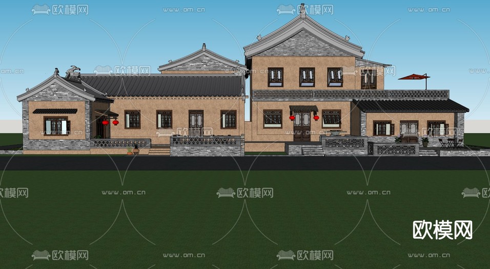 中式民宿外观su模型下载(渲染图2)